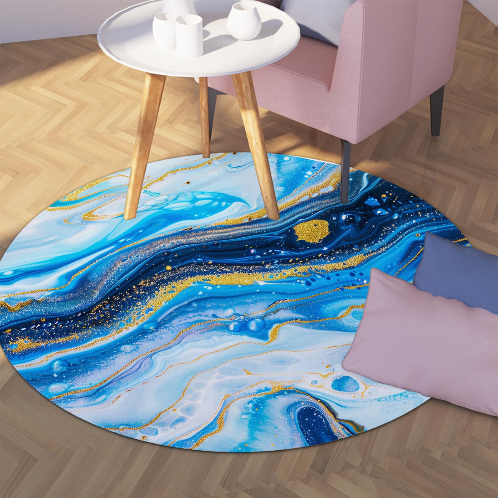 Tapis de sol rond abstrait bleu et or lavable antiderapant salon 90cm