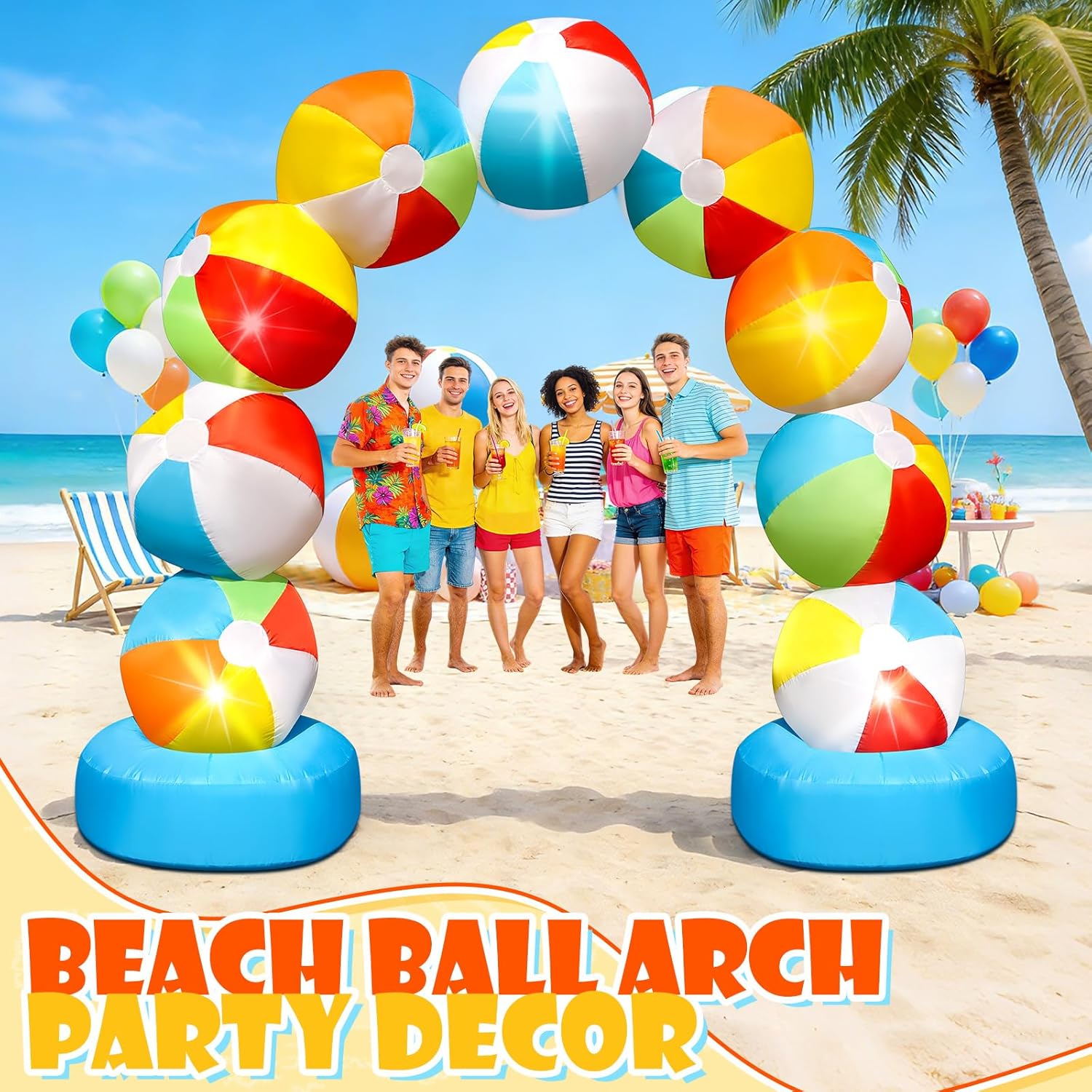 8FT Inflatable Beach Ball Arch for Summer Inflatables Outdoor Decorations Colorful Blow Up Archway Built-in 5 LED Lights Birthday Party Supplies for Pool Beach Luau Yard Lawn Garden Photo Backdrop