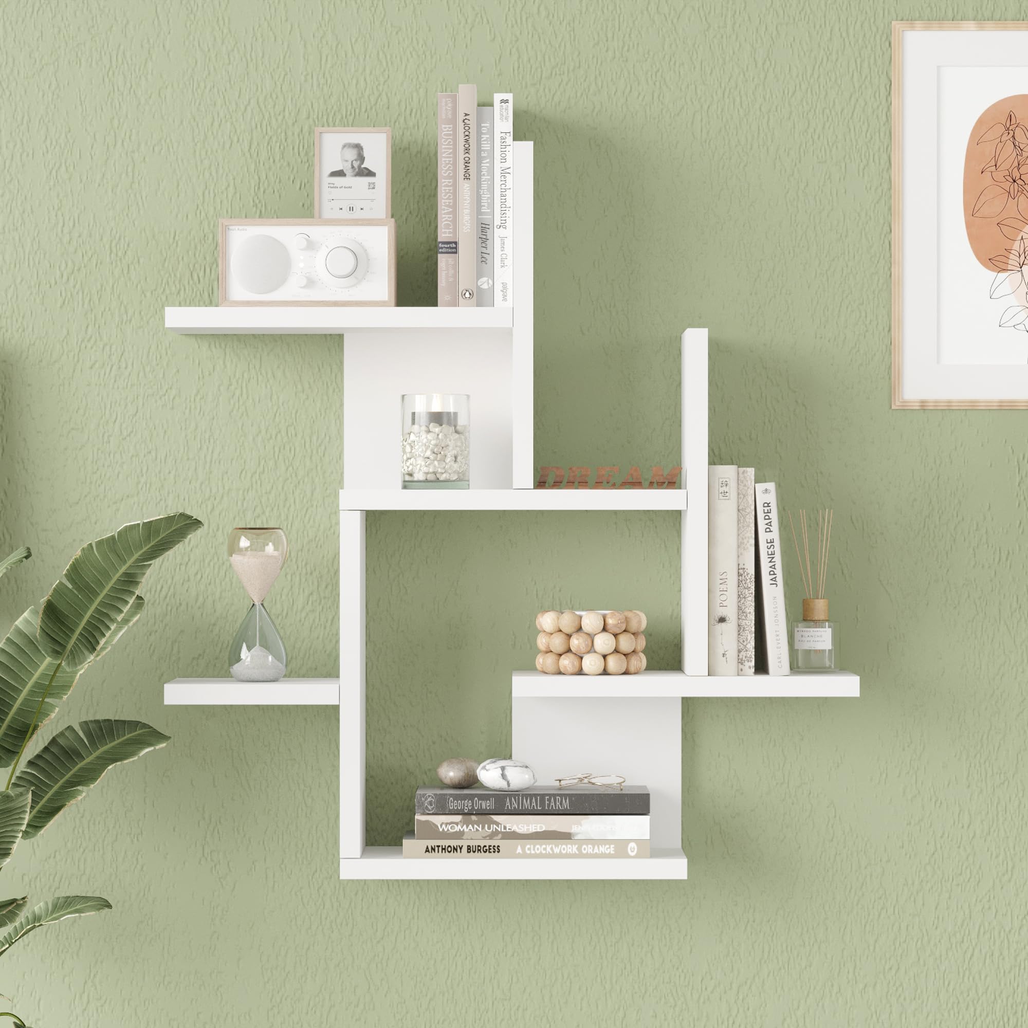 [en.casa] Scaffale da Parete Moderno Design Geometrico Mensola da Muro Libreria Sospesa per Soggiorno Ufficio Camera 66 x 63 x 15 cm Bianco