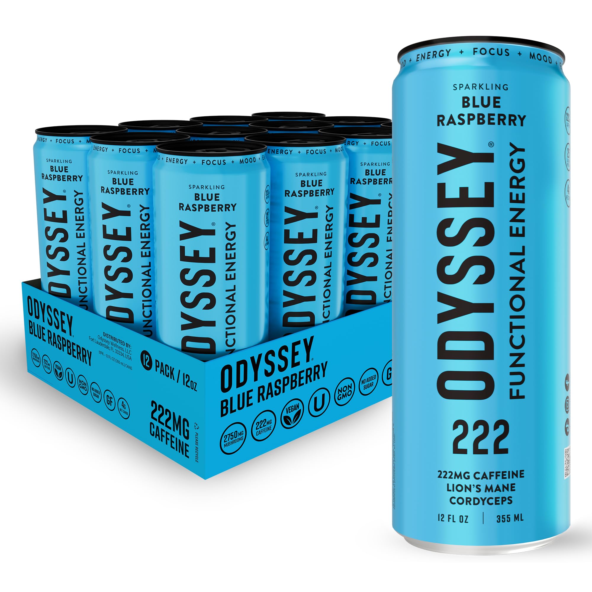 Odyssey Functional Energy Drink for Focus, Cognition & Mood Support 12 Pack - Adaptopgenic Drink with 222mg Green Tea Caffeine, Lionโs Mane, Cordyceps, L-Theanine & Ginseng - Sparkling Blue Raspberry