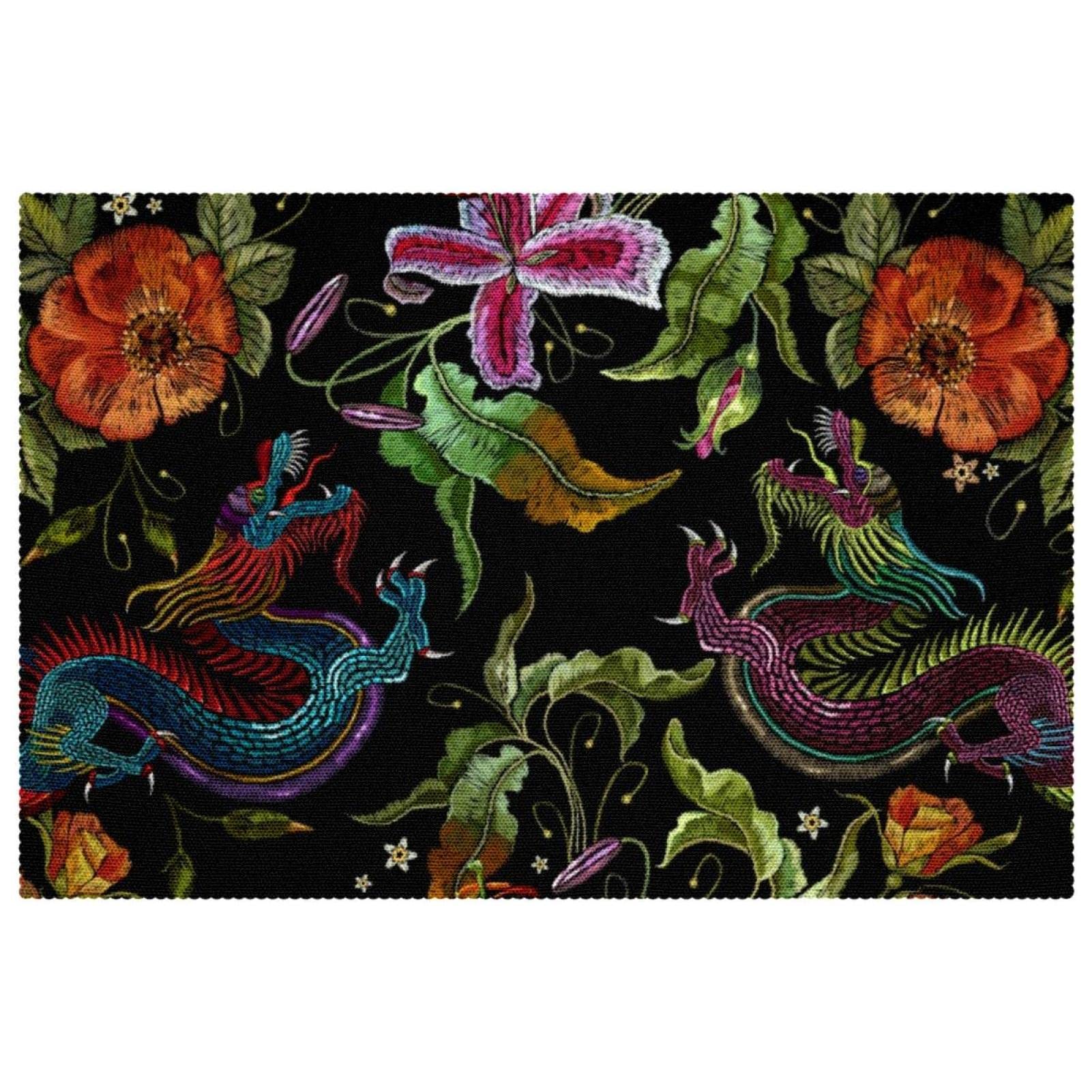 Set de table brodé dragon et rose, lot de 6 pièces antidérapantes de 30,5 x 45,7 cm