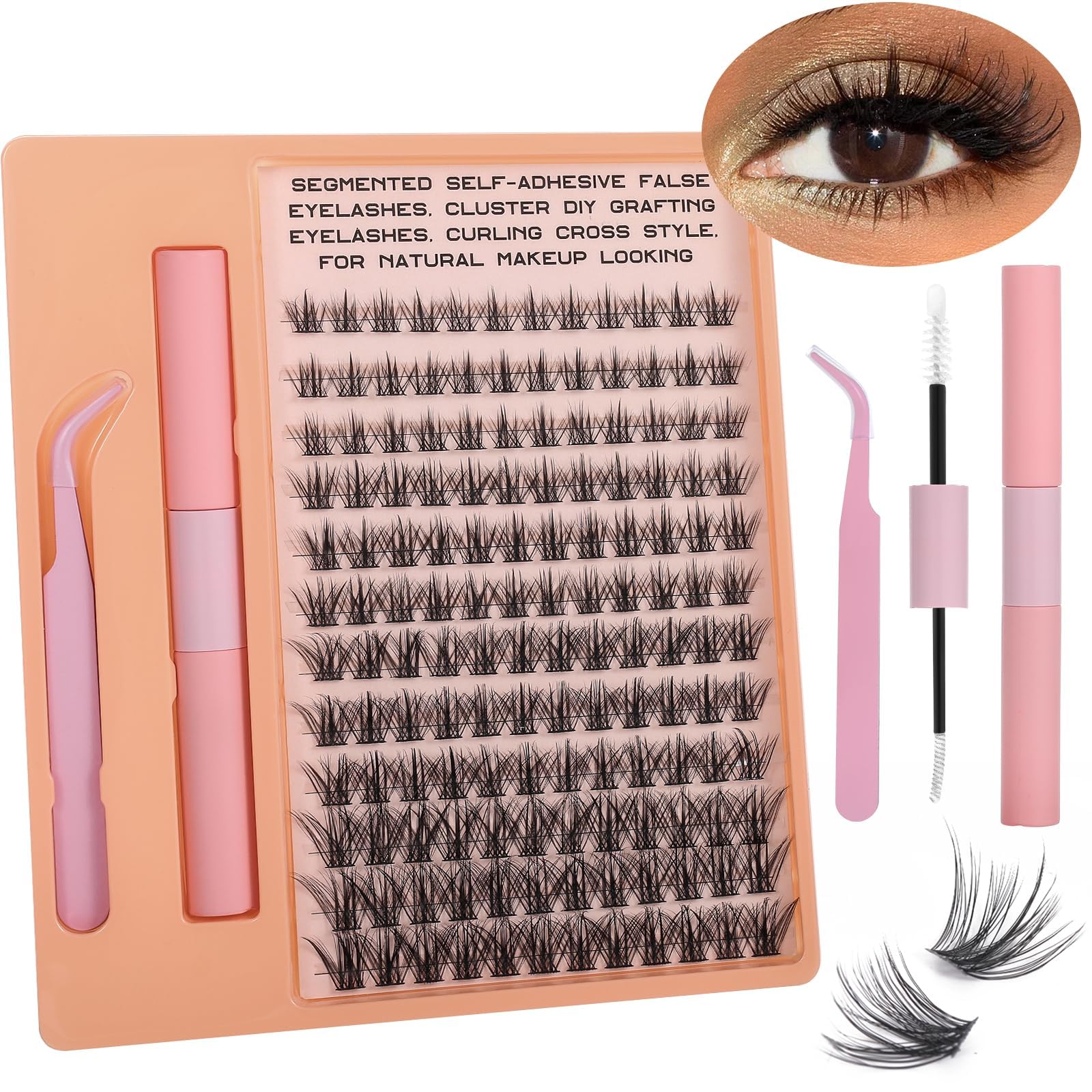 Self Adhesive Lash DIY Clusters Extension Kit, 10-16mm 40D Curl Natural Individual Waterproof Fluffy Lashes, With Bond and Seal, Applicator Tool for DIY Extensions at Home