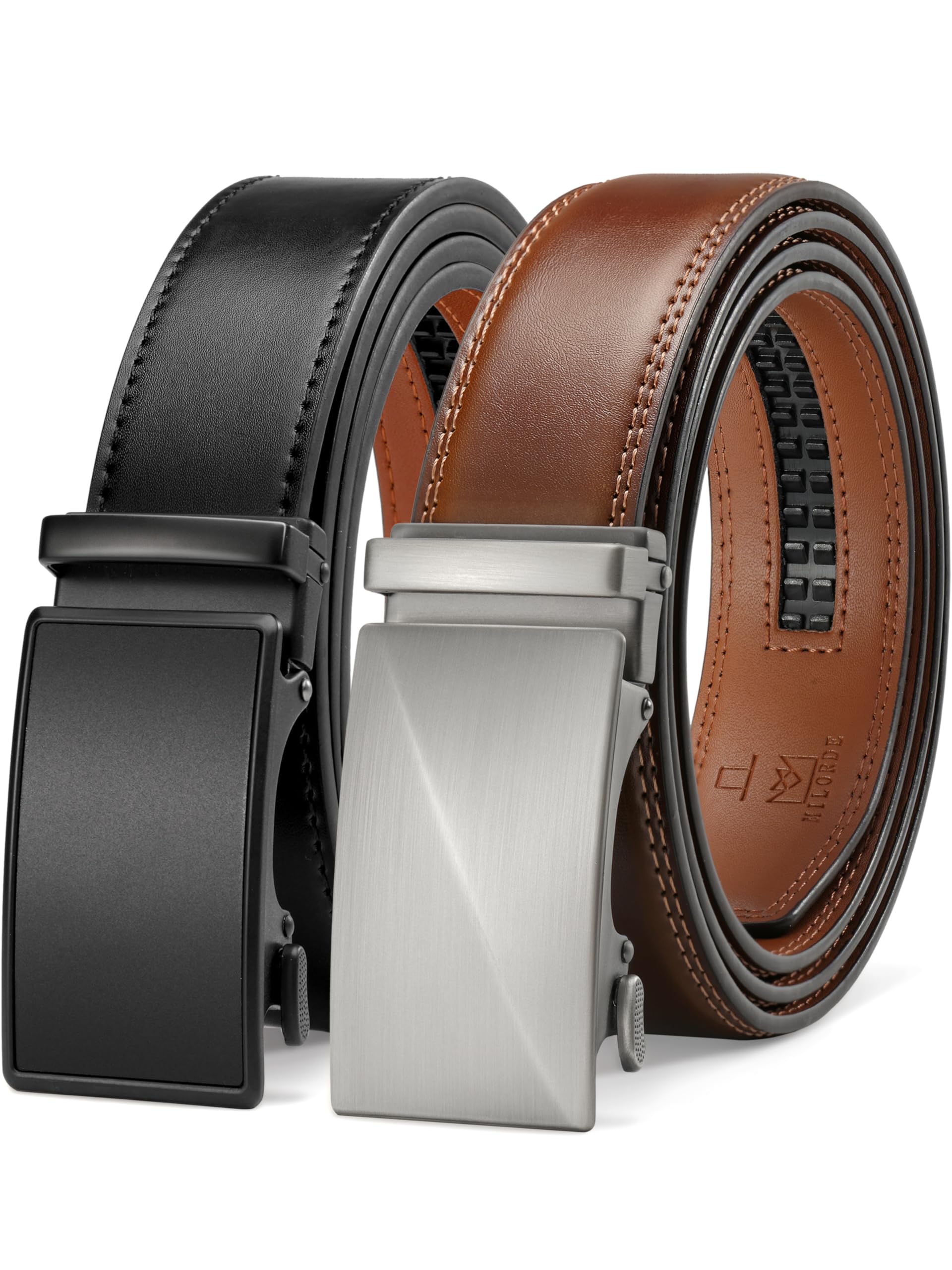 MILORDE Men's 2Pack Ratchet Belt, Handmade, 100% Cow Leather, Fashion & Classic Designs for Work Business and Casual, 2pack-black807/Brown826, 28 - 34W