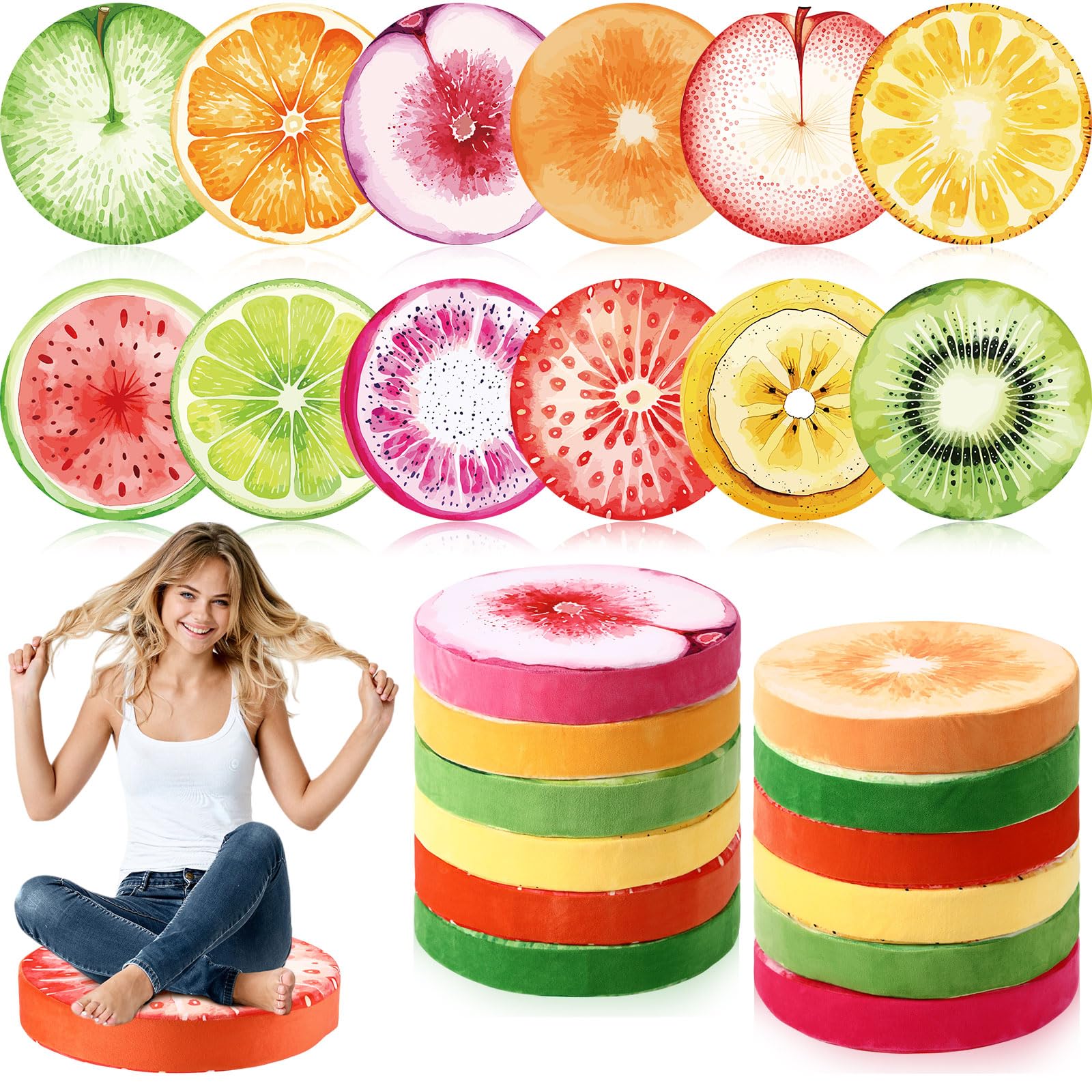GlikCeil 12 Pcs Round Fruit Floor Pillows for Kids Carpet Circles Floor Cushions for Classroom 15.35'' Circle Flexible Seating Cushions Supplies Group