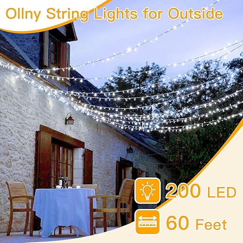 Miniatura 2 de Ollny Tira de luces para exteriores, 200 luces LED de 60 pies, luz blanca fría conectable, 8 modos IP44, temporizador impermeable, luces de Navidad