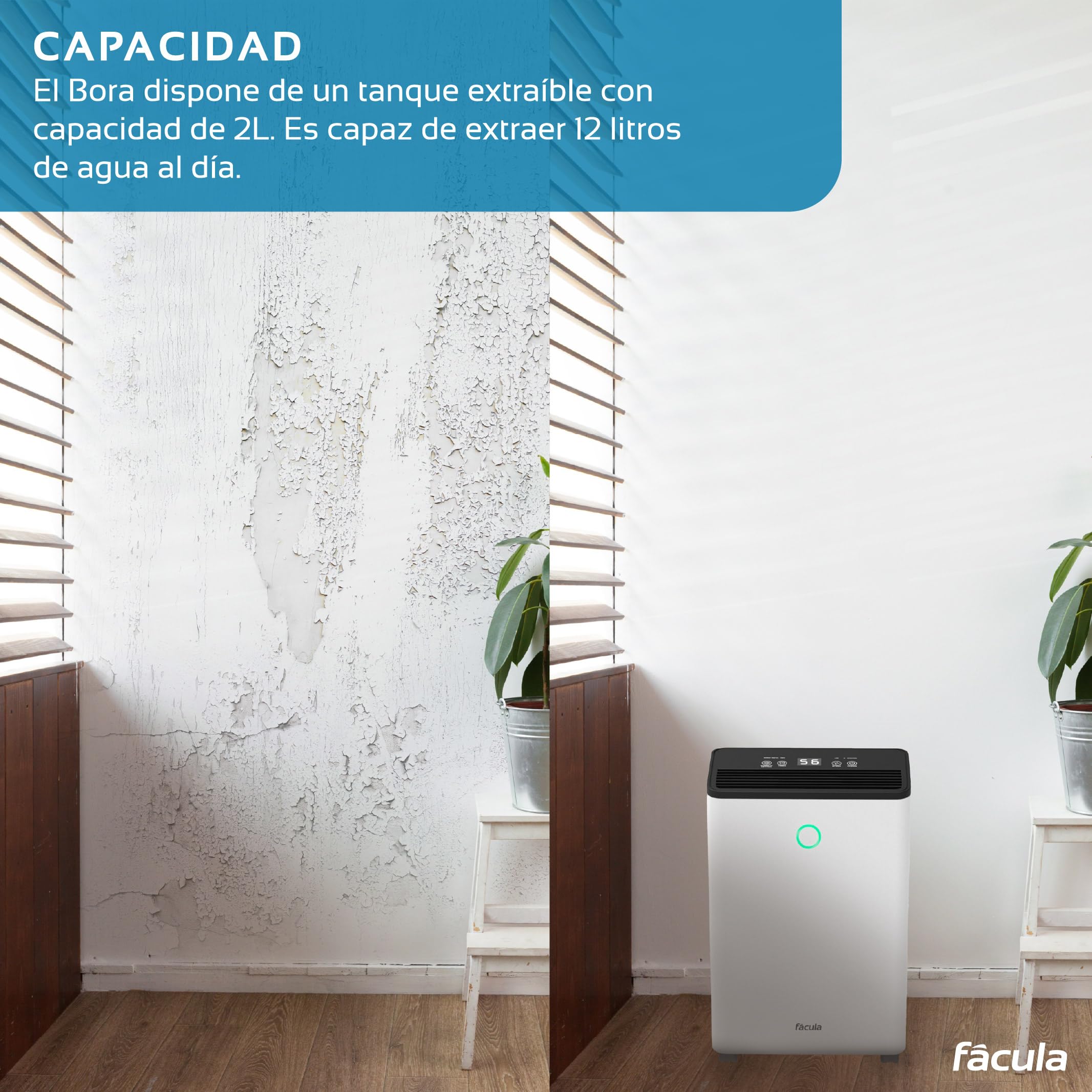 facula - Deshumidificador Bora 12L | Modo Auto | Modo Inteligente | Temporizador 1-24h | Función Drenaje Continuo