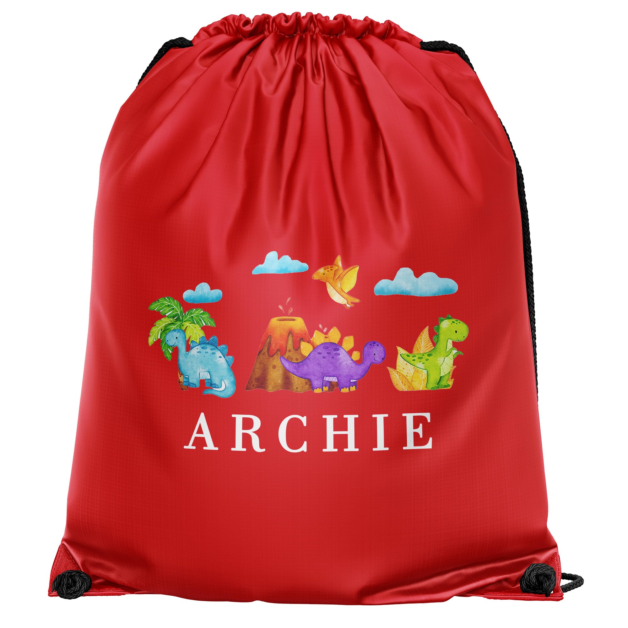 Purple Print House Dinosaur Custom Drawstring Personalised Name with Baby Dino Design Back To School Infant Primary Boys PE Sports Bag, One Size, Red