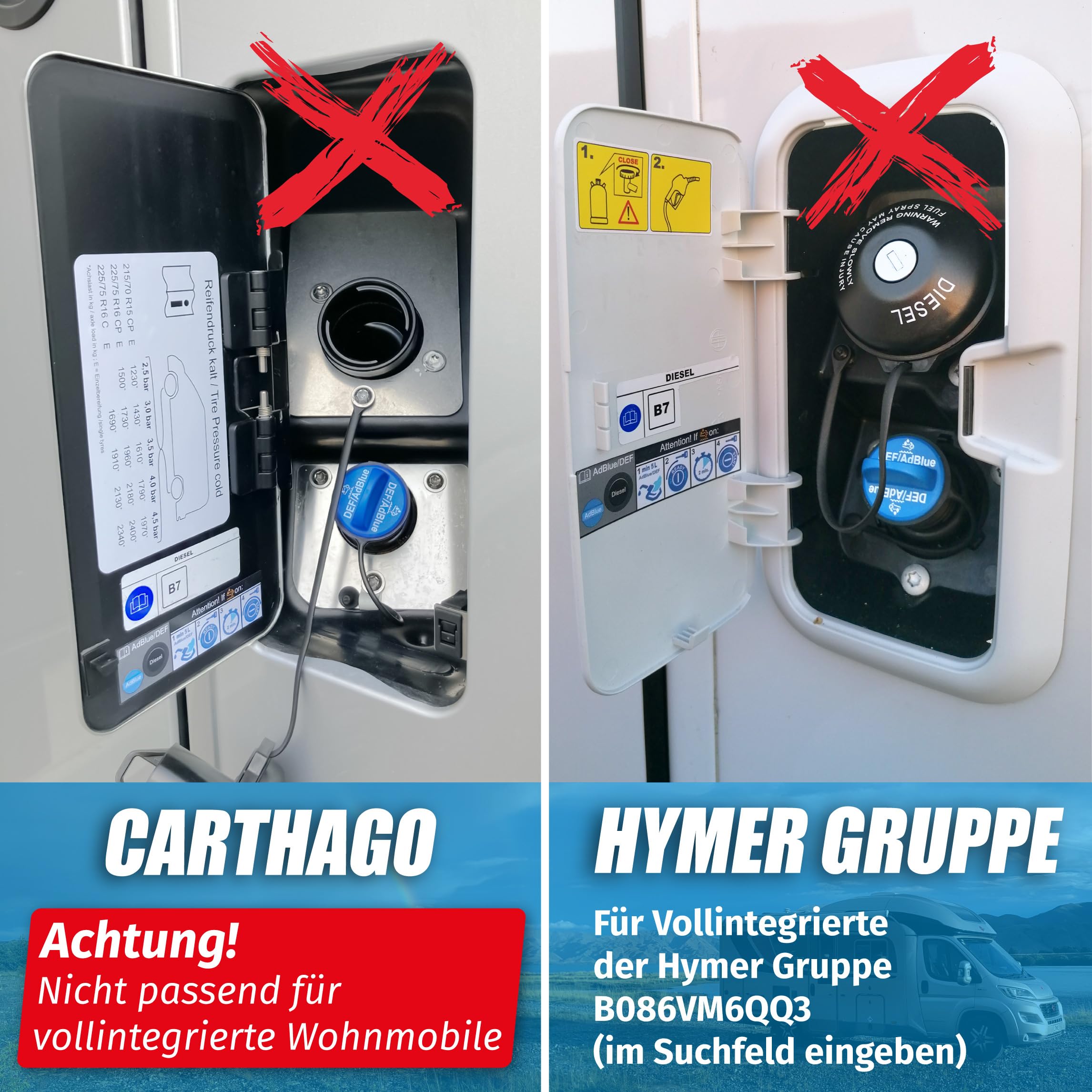 MaJoCompTec® ADBLUESAFE Zabezpieczenie korka wlewu paliwa, zabezpieczenie wlewu paliwa AdBlue, akcesoria do samochodów kempingowych (wersja ze stali nierdzewnej, bezpiecznik Boxer + Jumper + Ducato)