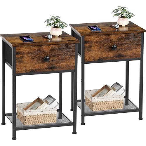 AMHANCIBLE Night Stand Set 2, Nightstand with Fabric Drawer, Industrial End Tables Living Room with Storage Shelf, Slim Bedside Table for Bedroom, Small Spaces, Rusic Brown, HET03SDBR