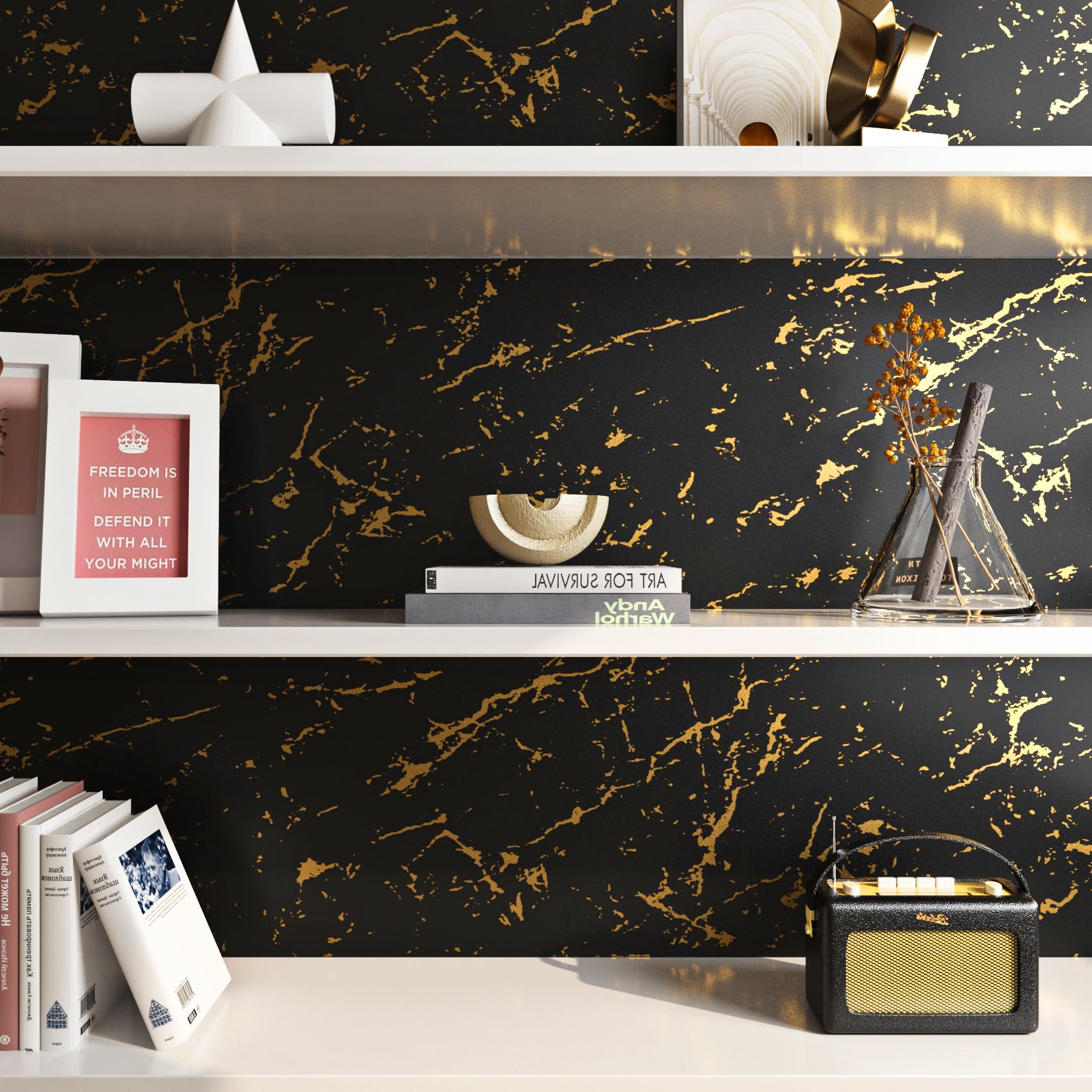 FunStick 60CMx5M Papel Pintado Pared Marmol Vinilo Adhesivo Negro y Dorado Vinilo Marmol Autoadhesivo Muebles Papel Adhesivo Encimera Cocina Vinilos Autoadhesivos Pared Cocina Baño Negro y Dorado