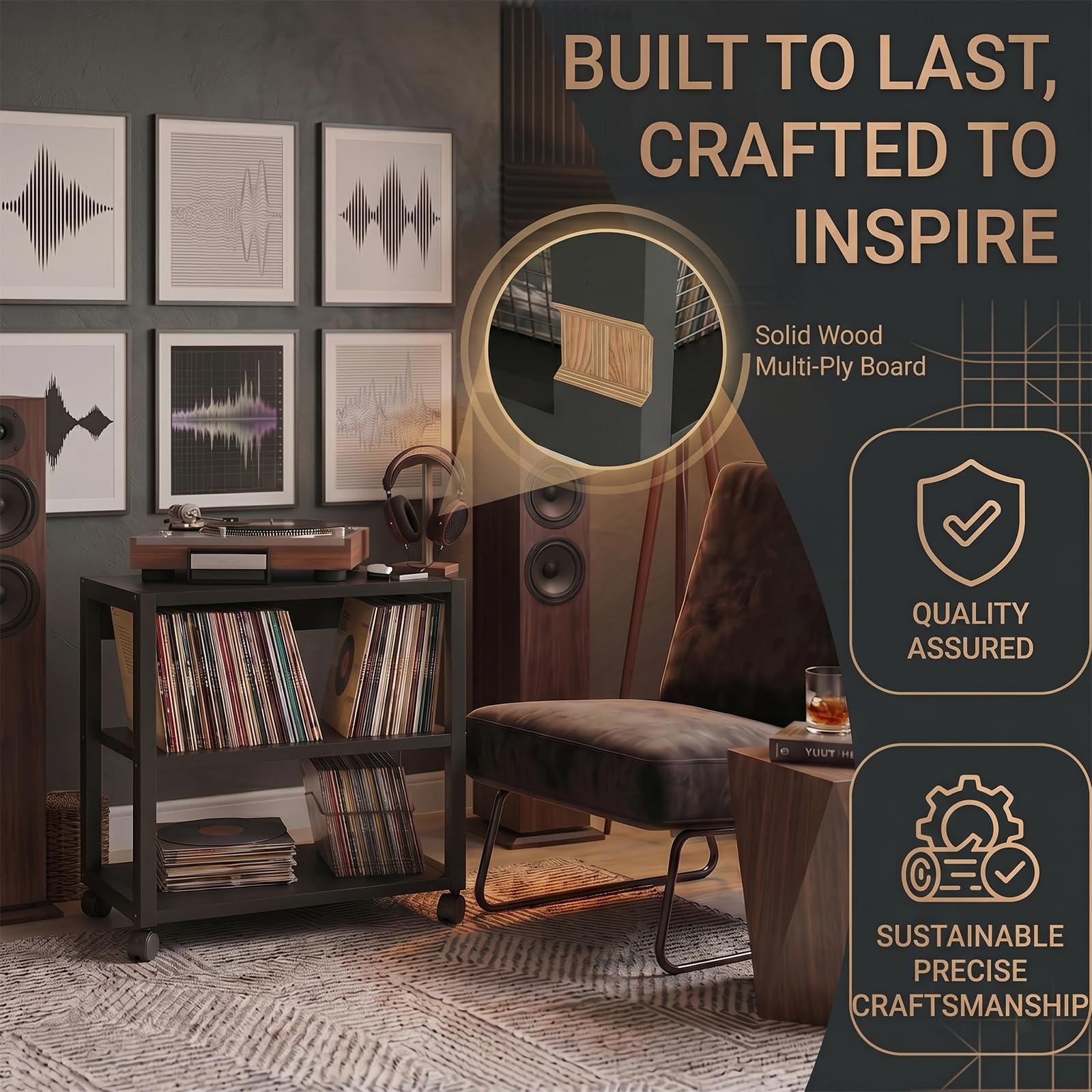 Mobile Hi-Fi Rack e Supporto Stampante 3D con Ruote, Scaffale Robusto a 3 Ripiani, 50x40x48,5cm Metallo e Legno Nero, Tavolino Porta Stereo e Carrello Ufficio sotto Scrivania Salvaspazio