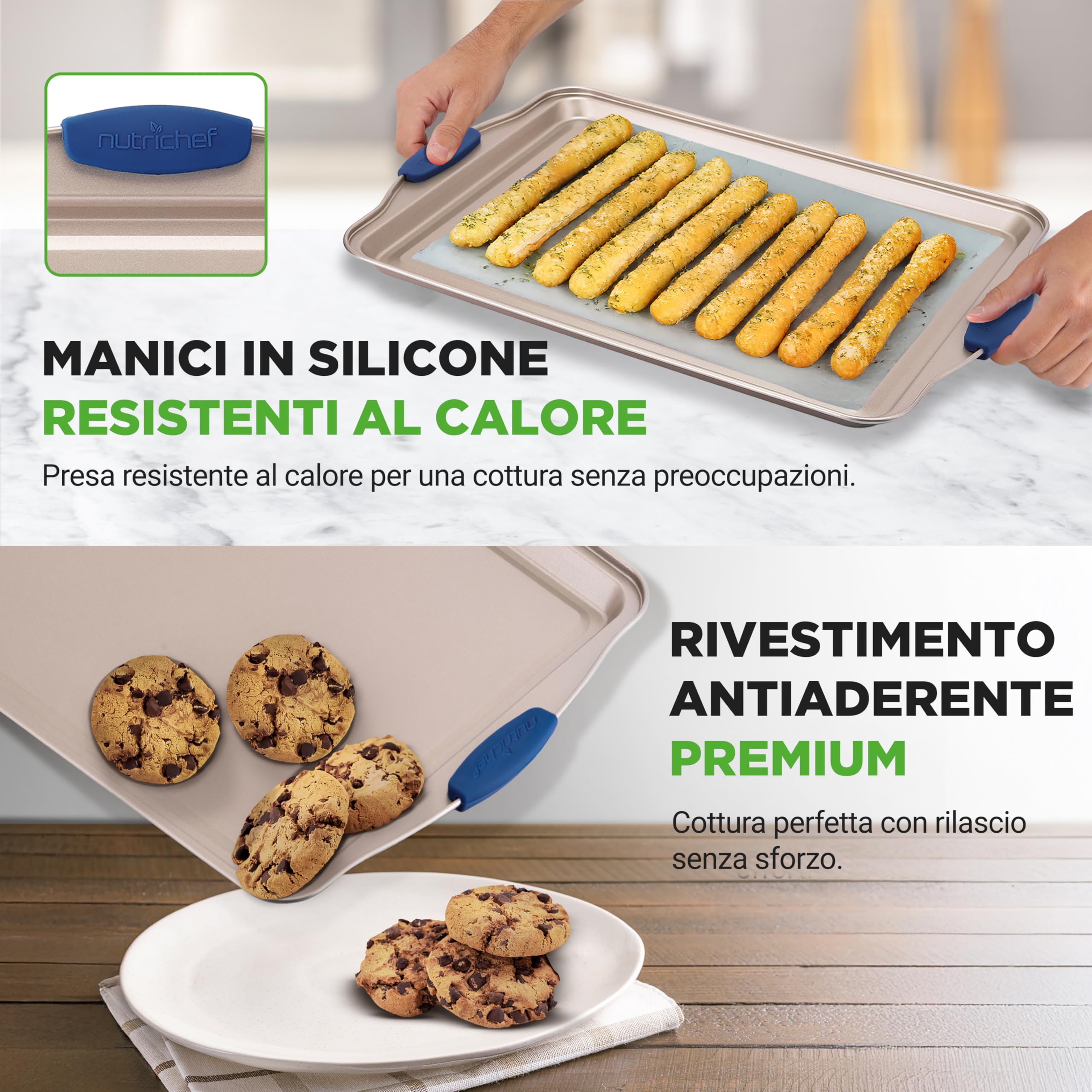 NutriChef Set 10 Pezzi Teglie Forno Antiaderenti in Acciaio al Carbonio con Manici in Silicone, Teglie da Forno per Pizza, Pane, Dolci, Torta, Biscotti, Stampo Muffin e Stampo Plumcake