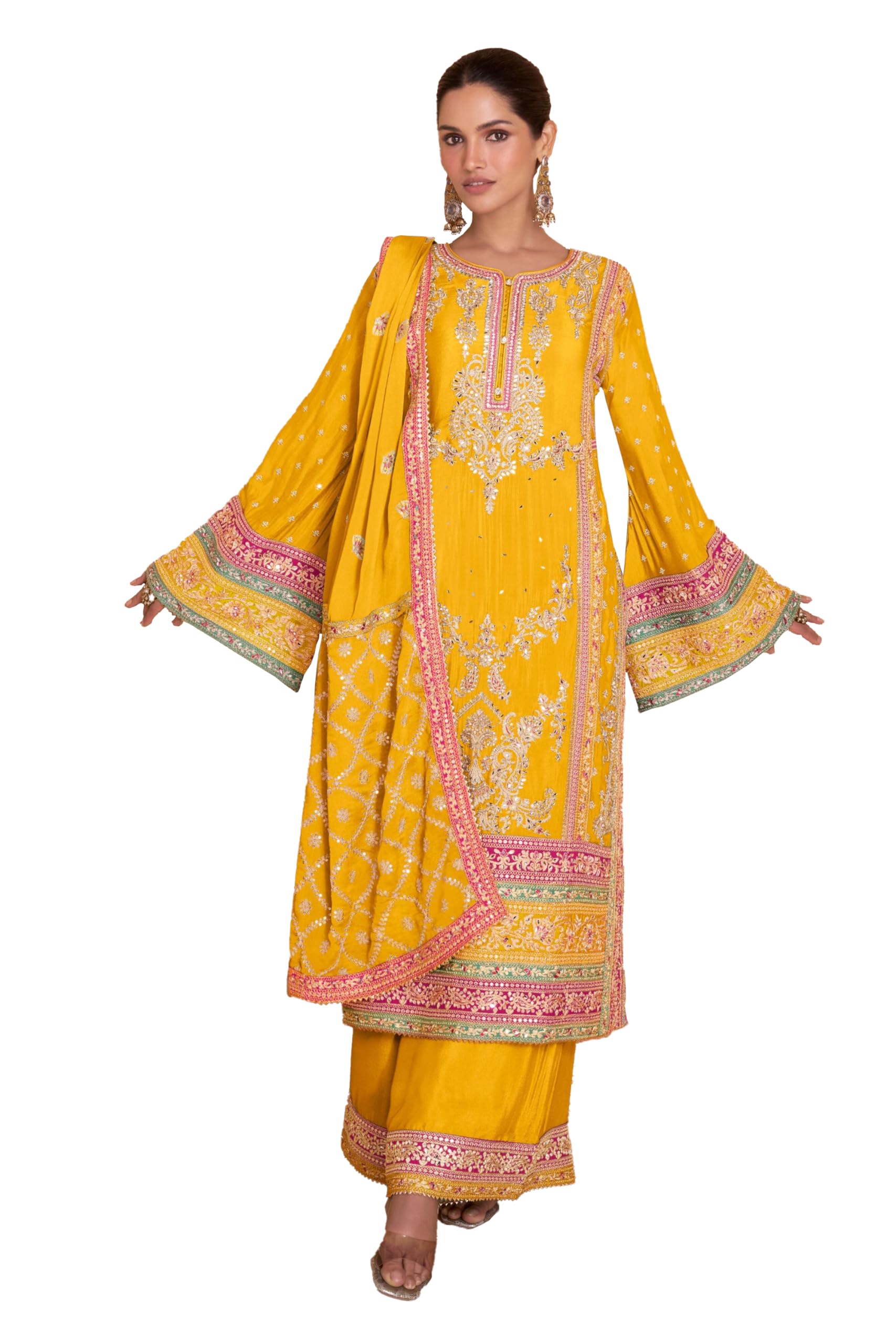 Miss Ethnik Women's Yellow Color Chinon Embroidered Kurta Palazzo Set With Embroidered Dupatta (ME-1140-Yellow)