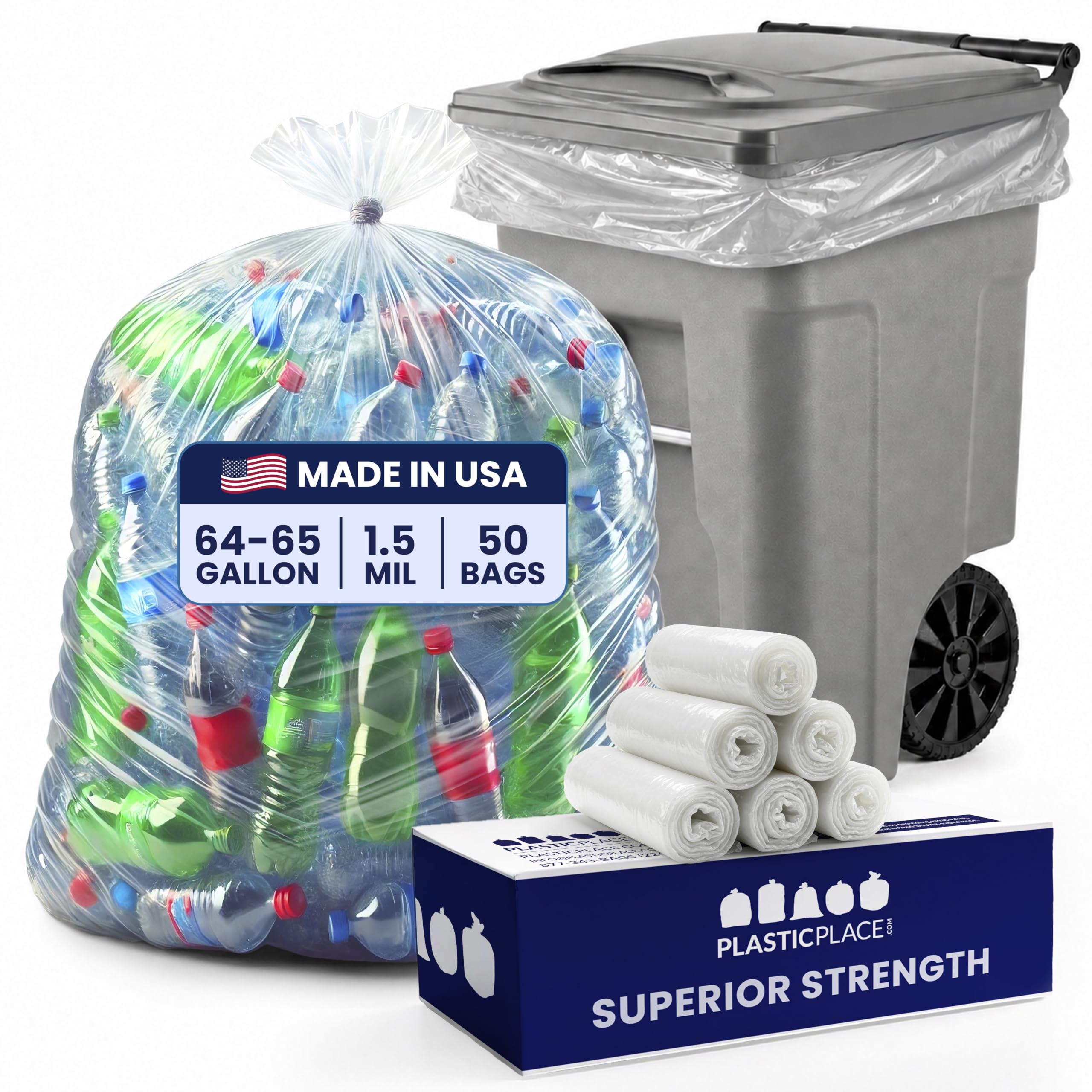 Plasticplace 64-65 Gallon Trash Can Liners for Toter │ 1.5 Mil │ Clear Heavy Duty Garbage Bags │ 50” X 60” (50Count) (W65LDCTL)