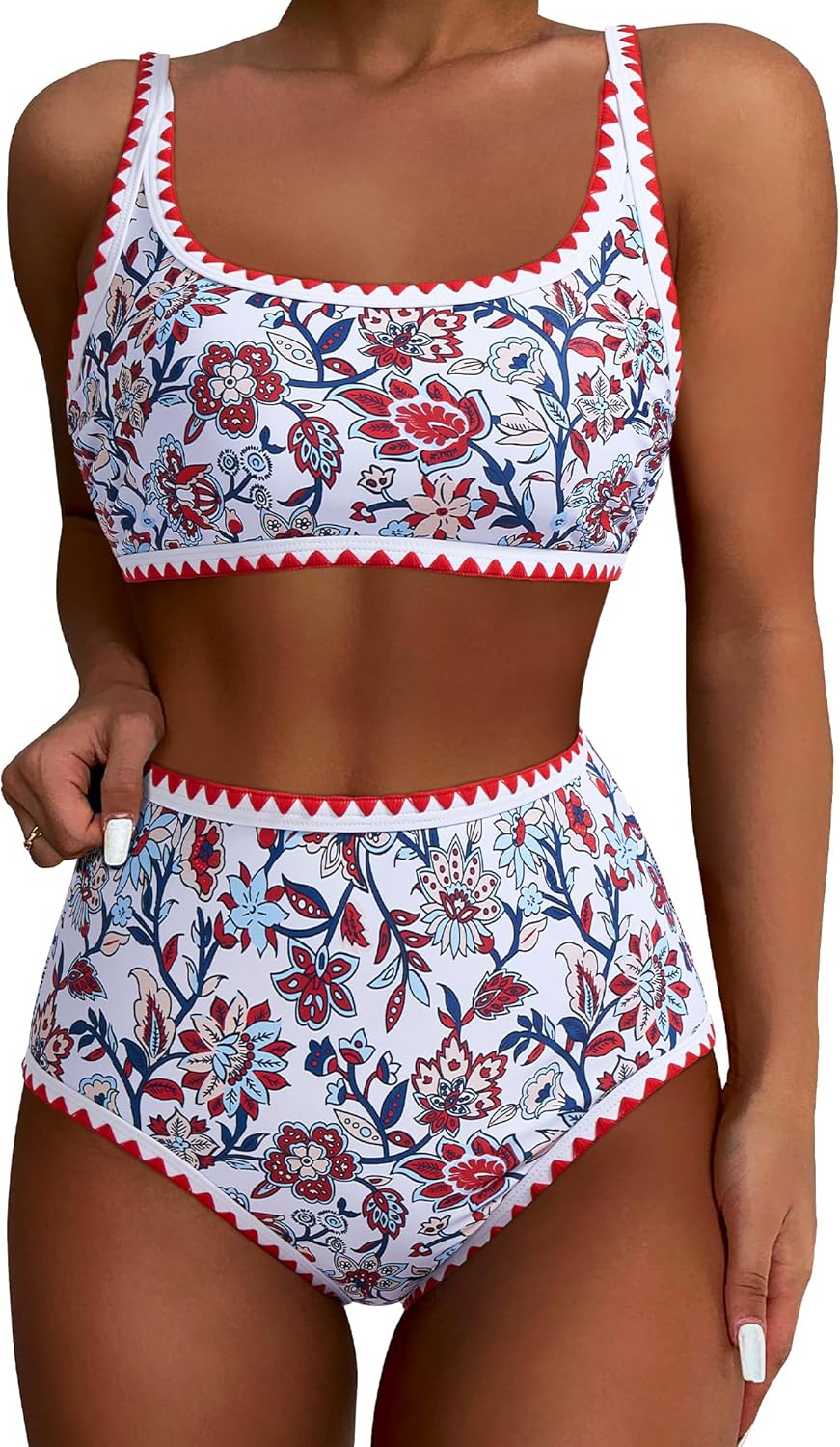 SUUKSESS Women High Waisted Bikini Set Floral Print Color Block 2 Piece Swimsuit