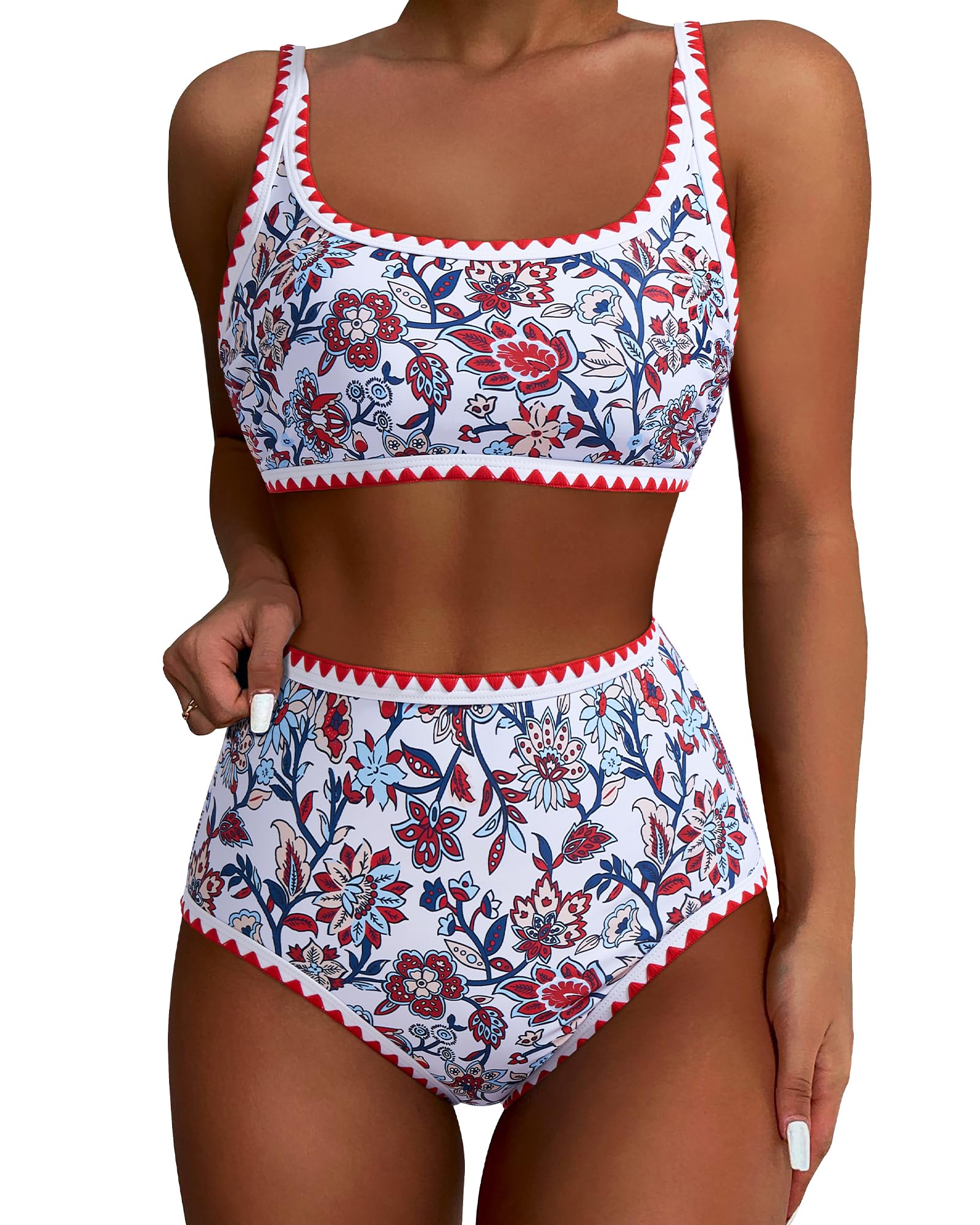 SUUKSESS Women High Waisted Bikini Set Floral Print Color Block 2 Piece Swimsuit