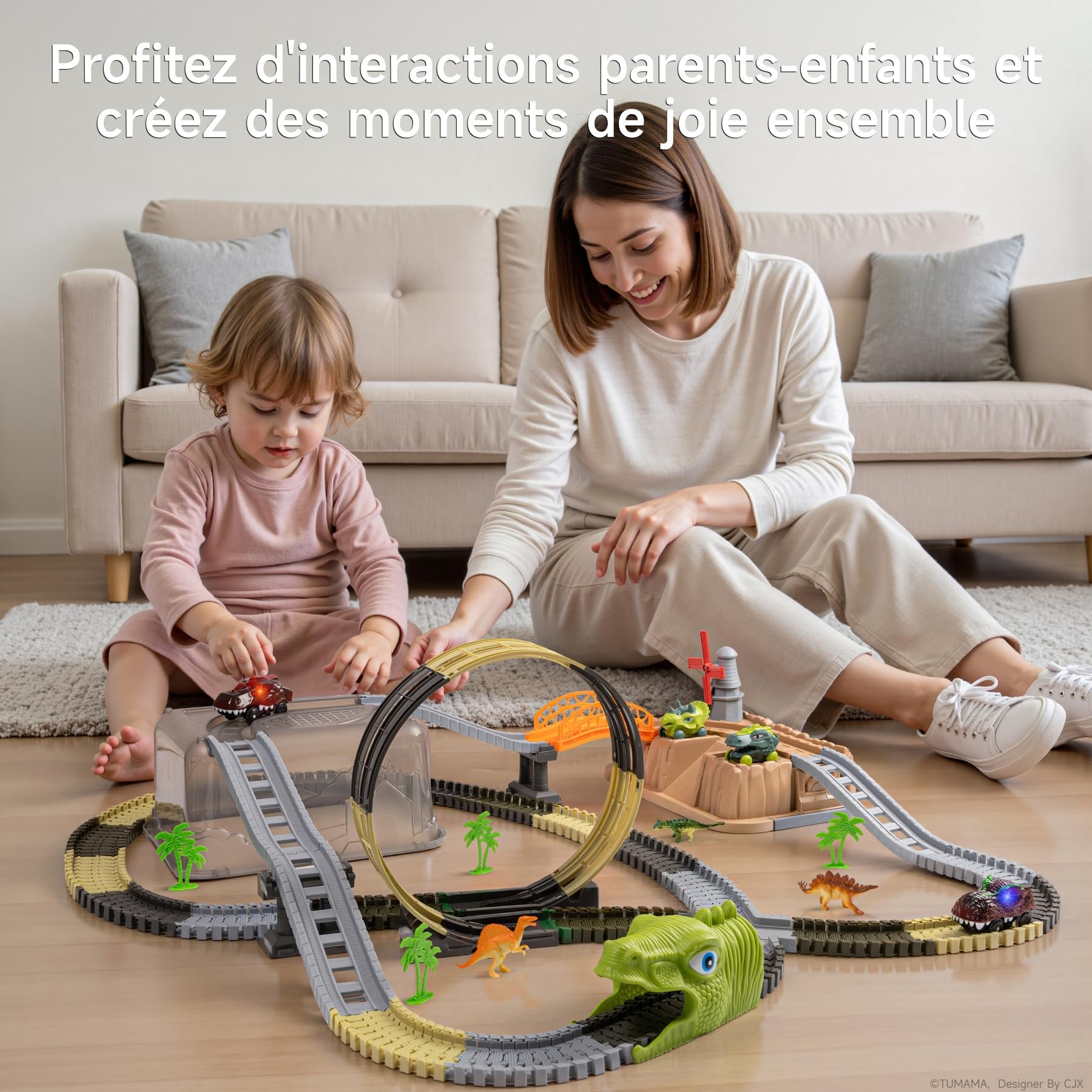 TUMAMA Circuit De Voiture Dinosaure Jouet Pour Enfant 3 5 6 9 Ans, 255 Pièces Dinosaures Électrique Circuit De Course Avec 2 Camions, Jouets Train Track Chantier Set, Flexibles Educatif Véhicules Jeux
