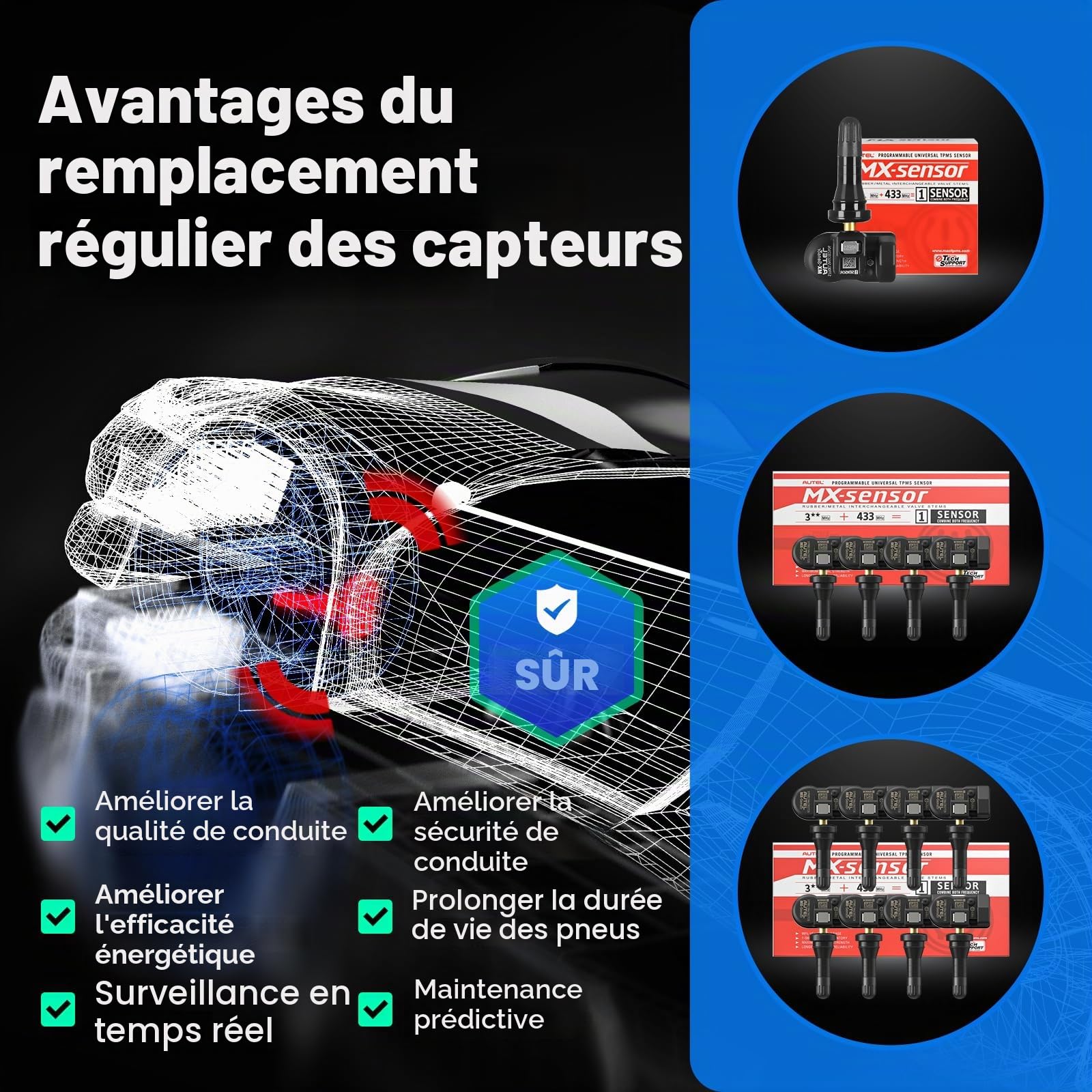 Autel TPMS Sensor MX-Sensor, Double Fréquence Capteurs TPMS pour 99% Voitures, Fonctionne avec TS508WF TS408S TS501Pro TS601, Niveau OE Programmable & Clonable TPMS Sensor (Valve en Caoutchouc, 4PCS)
