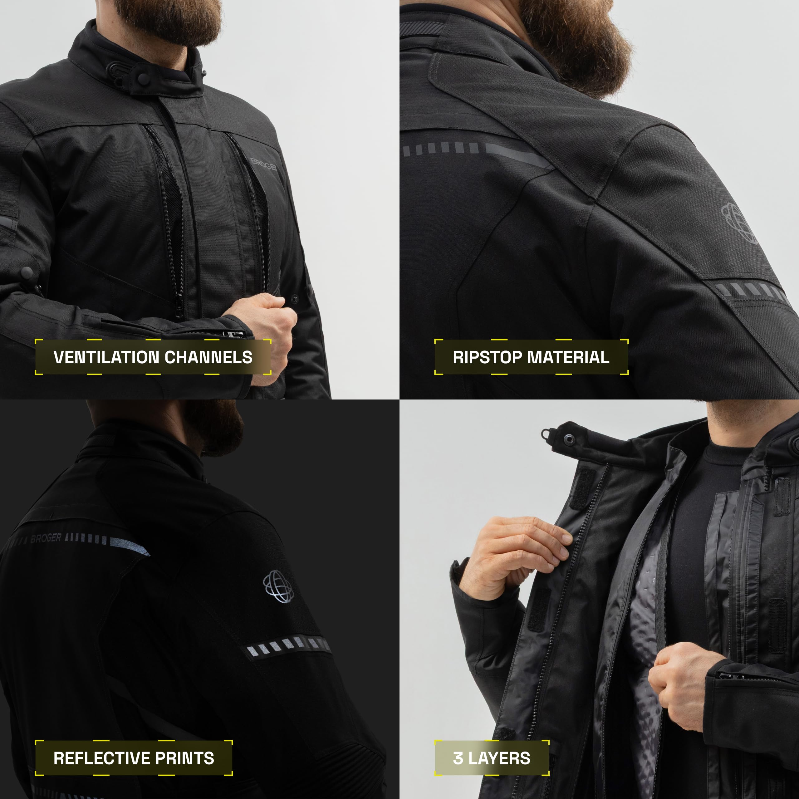 BROGER Overland Motorradjacke Herren | Textil | Ellbogen und Schulterprotektoren | Tasche für Rückenprotektor | Wasserdichte Membran | Abnehmbar Thermofutter | Schutzstufe AA | Größen bis 7XL