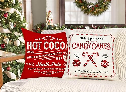 Miniatura 4 de Juego de 4 fundas de almohada de Navidad de 18 x 18 pulgadas, decoración de vacaciones de invierno, color rojo y blanco, funda de cojín rústica para