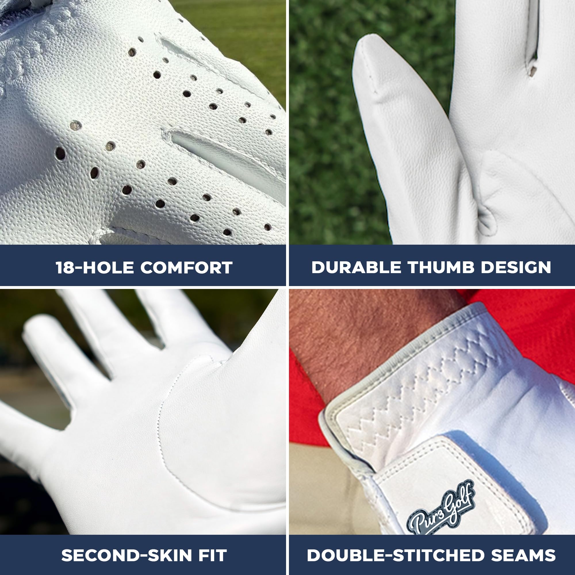 PUR3 - Paquete de 2 guantes de golf para hombre, cuero Cabretta de primera calidad, guante de tacto ultrasuave, marcador de pelota adicional, golfista zurdo o diestro