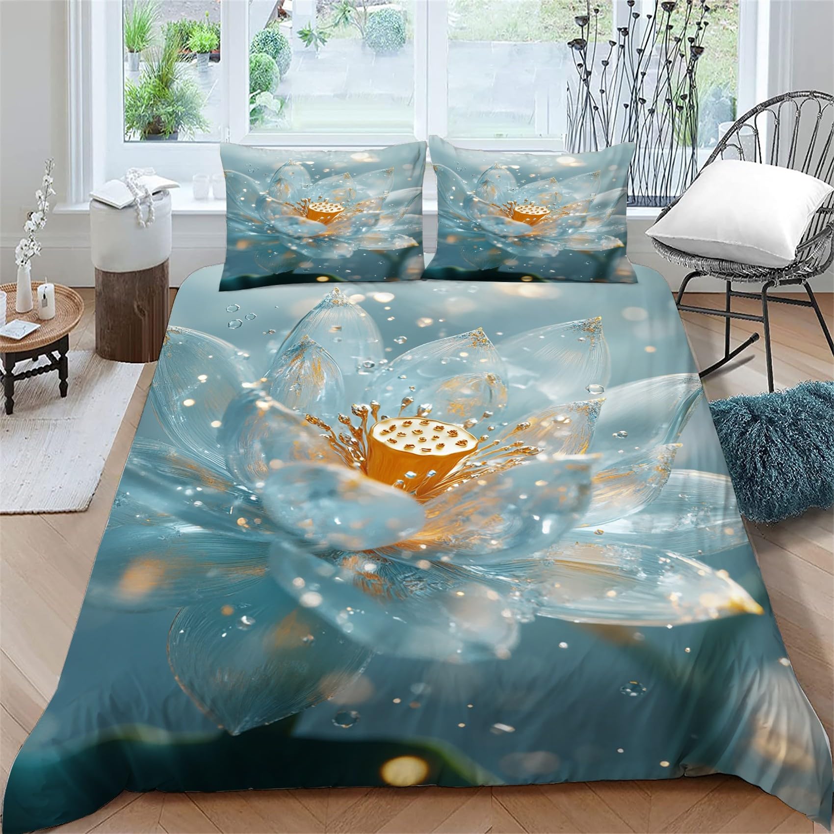 Parure de Lit 2 Personne Bleu 140x200 pour une Chambre Zen et Moderne