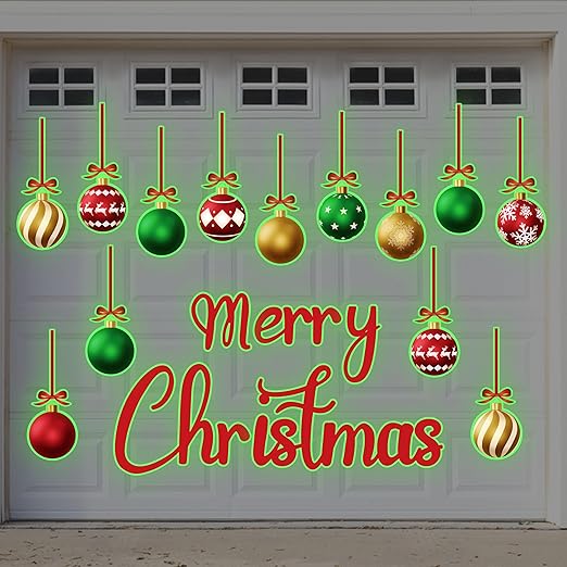 90shine 31PCS Luminous Christmas Garage Door Decorations Magnets - Magnetic Glow-in-The-Dark Merry Xmas Ball Holiday Refrigerator Fridge Cruise Kitchen Decor(Red Green Gold)