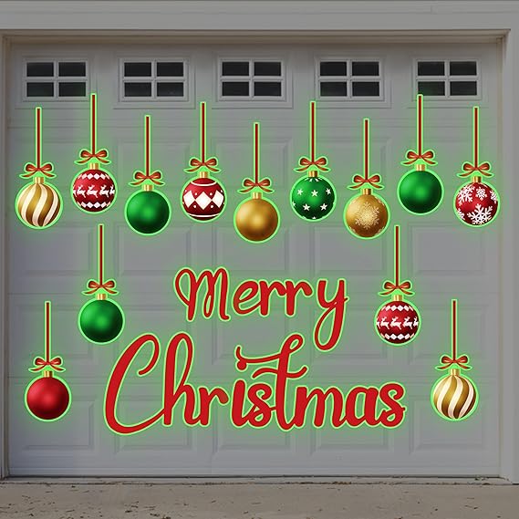 90shine 31PCS Luminous Christmas Garage Door Decorations Magnets - Magnetic Glow-in-The-Dark Merry Xmas Ball Holiday Refrigerator Fridge Cruise Kitchen Decor(Red Green Gold)