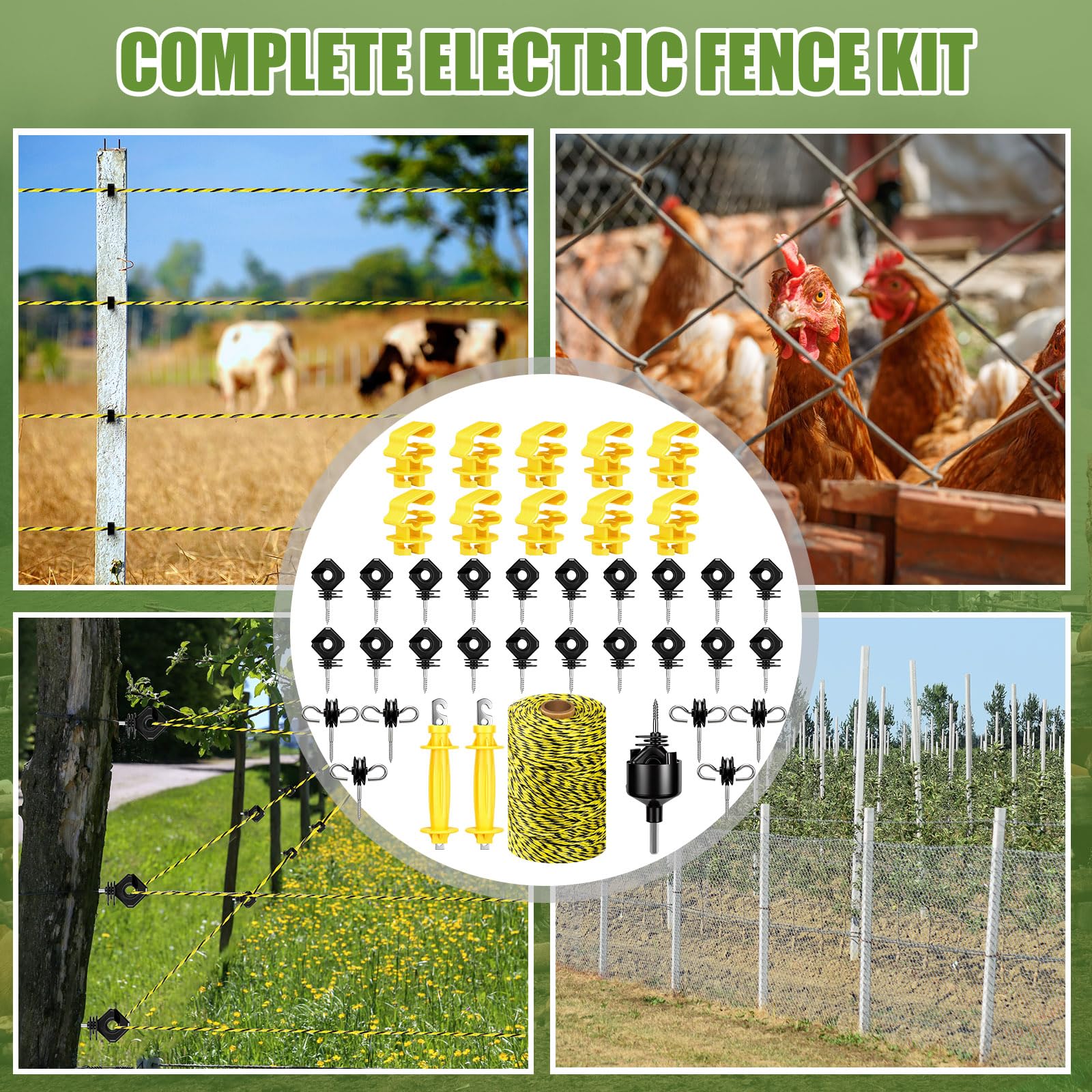 SATINIOR Kit de valla eléctrica de 40 piezas, 200 m, valla eléctrica de alambre de polialambre, 10 aisladores de postes en T, 2 aisladores de mango de puerta de goma, 6 tornillos aislantes, 20