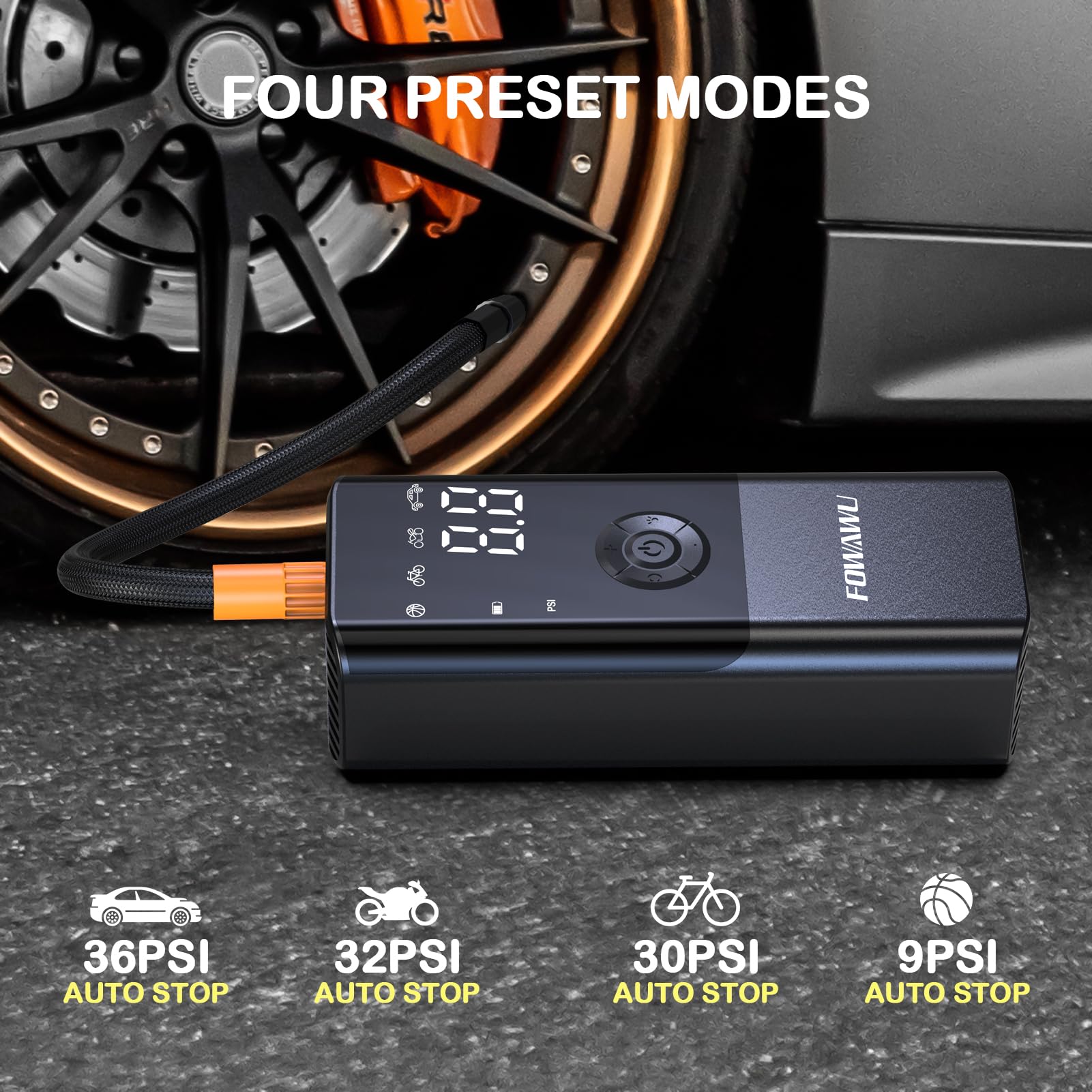 FOWAWU 150 PSI Portable Air Compressor, Cordless Tyre Inflator for Car Moto Bike Ball, Rechargeable Battery Car Tyre Pump, Dual-screen LED Dispaly, Auto Shut Off