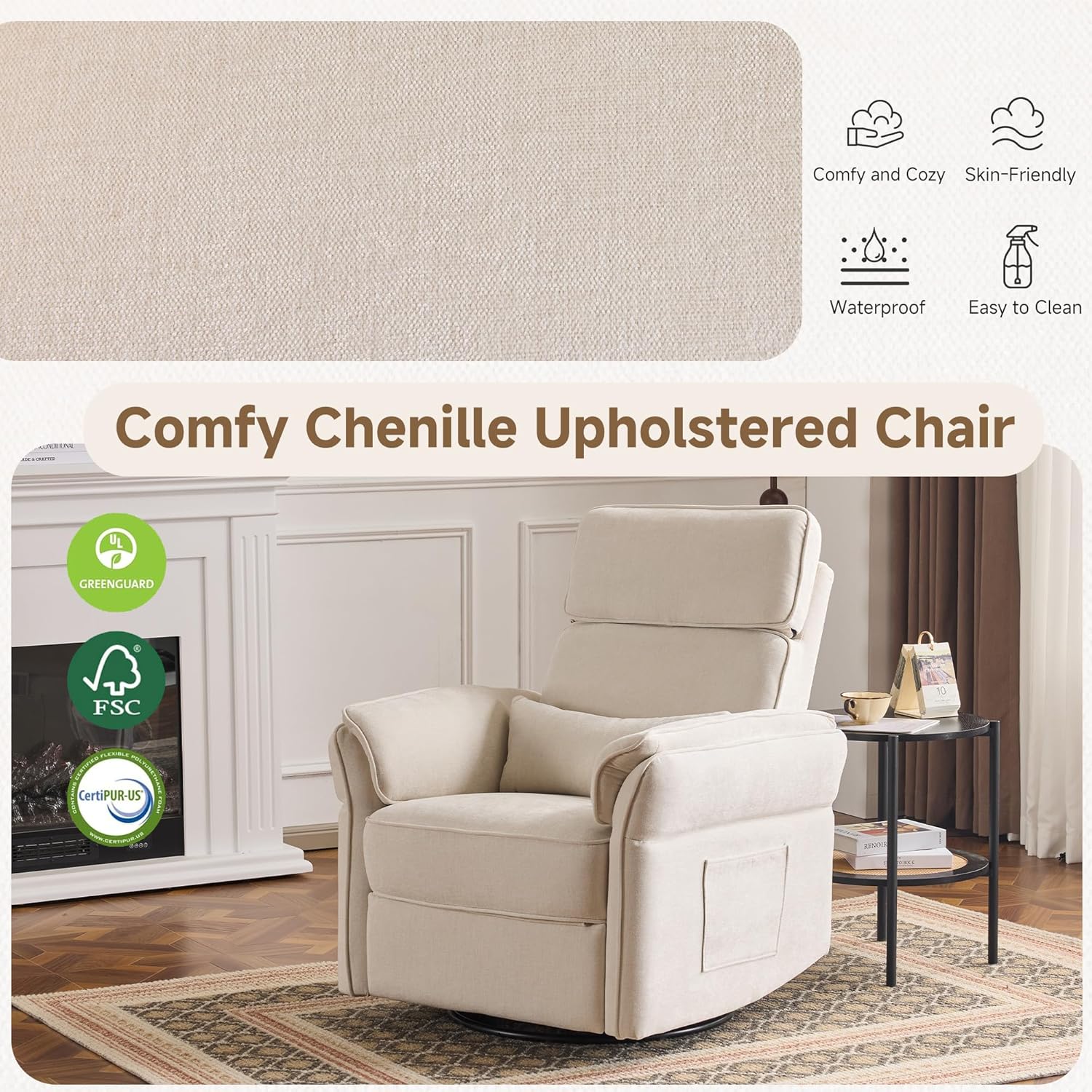 MELLCOM Power Recliner Rocking Chair Nursery Gliders with Adjustable Armrests and Headrest, Swivel Electric Glider Reclining Nursing Chair with USB Port and Storage Bags, FSC Certified Beige Fabric image 4 of 8 B0FGCR3HSR