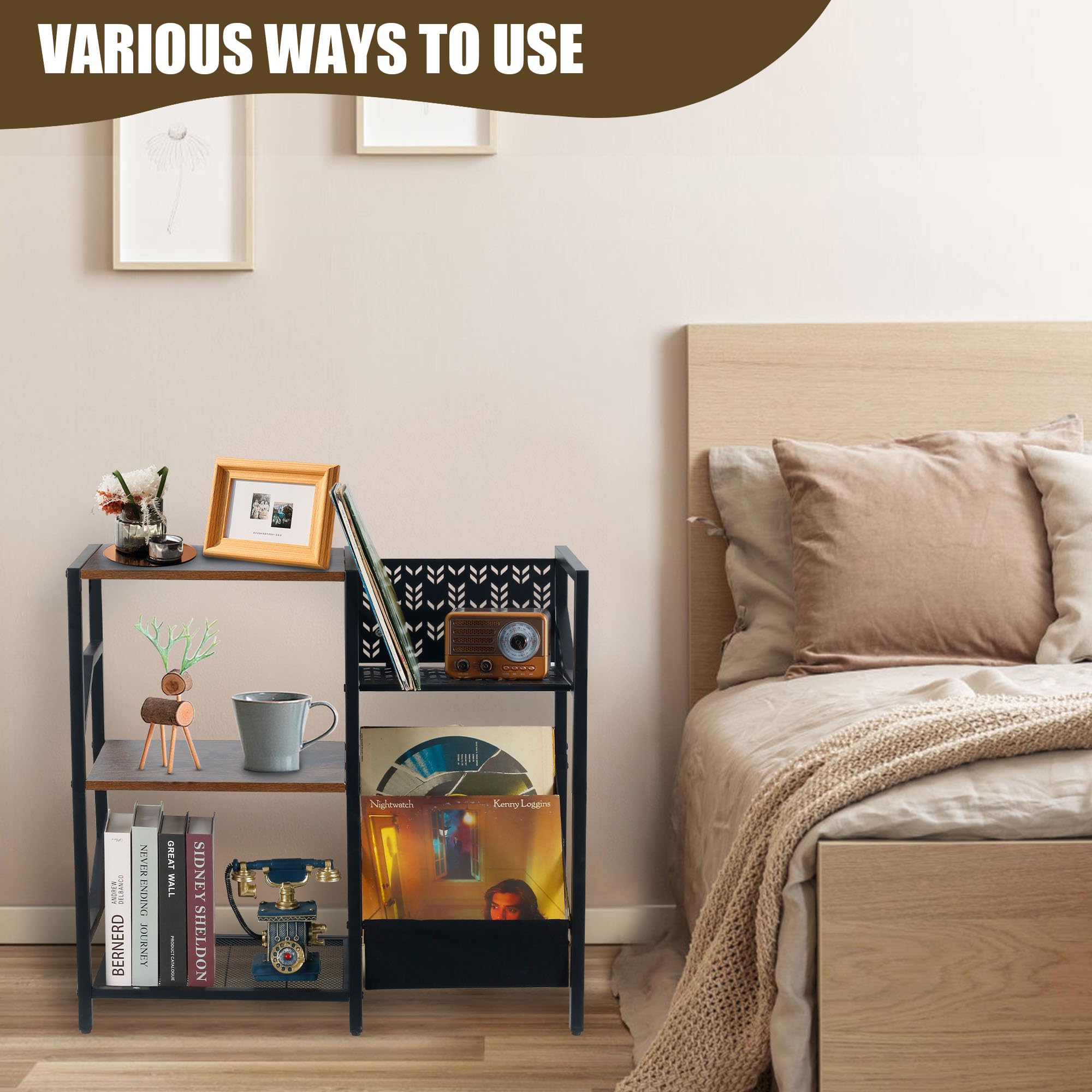 Supporto per dischi in vinile a 3 livelli, grande supporto per dischi per fino a 150 album, supporto per dischi nero con contenitore per dischi, mobile stereo, scaffale da tavolo per giradischi per