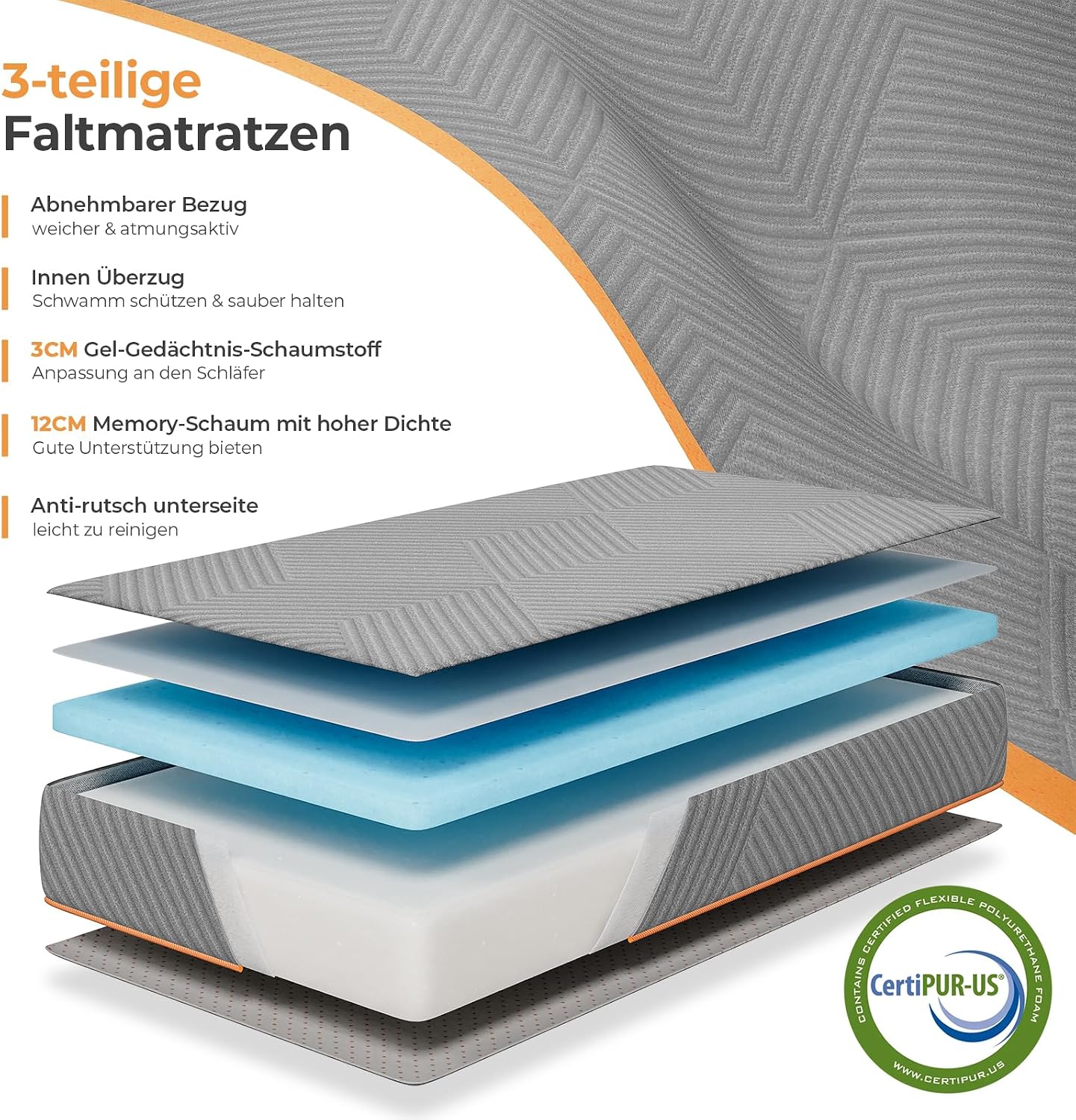 Vesgantti Folding Mattress Guest Mattress, 3-Piece Gel Foam Folding Mattress for Travel, Camping, Floor, Guest Bed, Washable Cover, Foldable Mattress, Oeko-Tex Certified