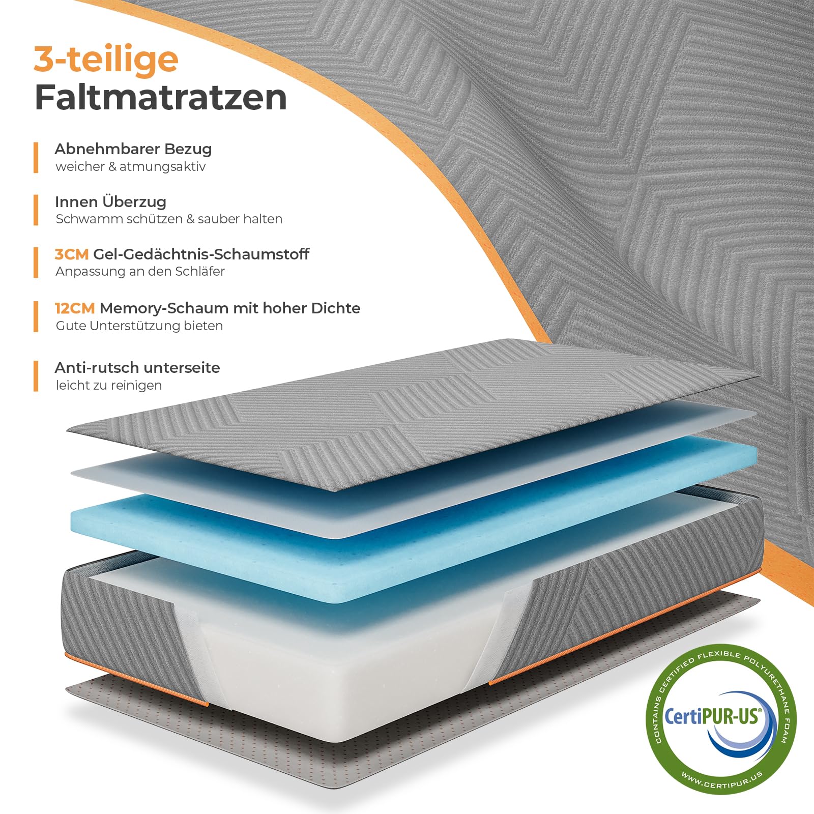 Vesgantti Klappmatratze Gästematratze, 3-teilige Gel Schaumstoff Faltmatratze für Reisen, Camping, Boden, Gästebett, waschbarem Bezug Faltbare Matratze Öko-Tex Zertifiziert