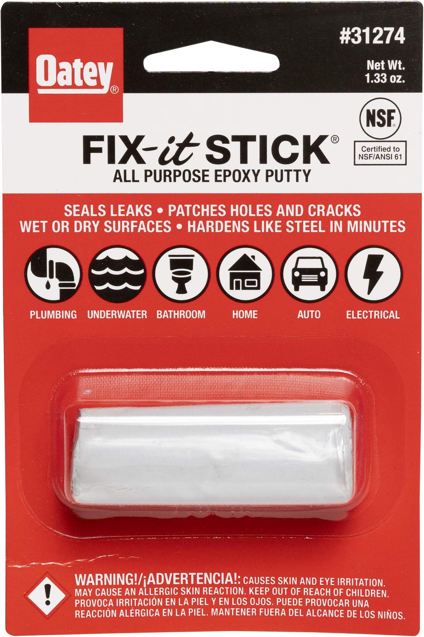Oatey 31274 Stick FixIt MultiPurpose Epoxy Putty, 1.33 oz, White