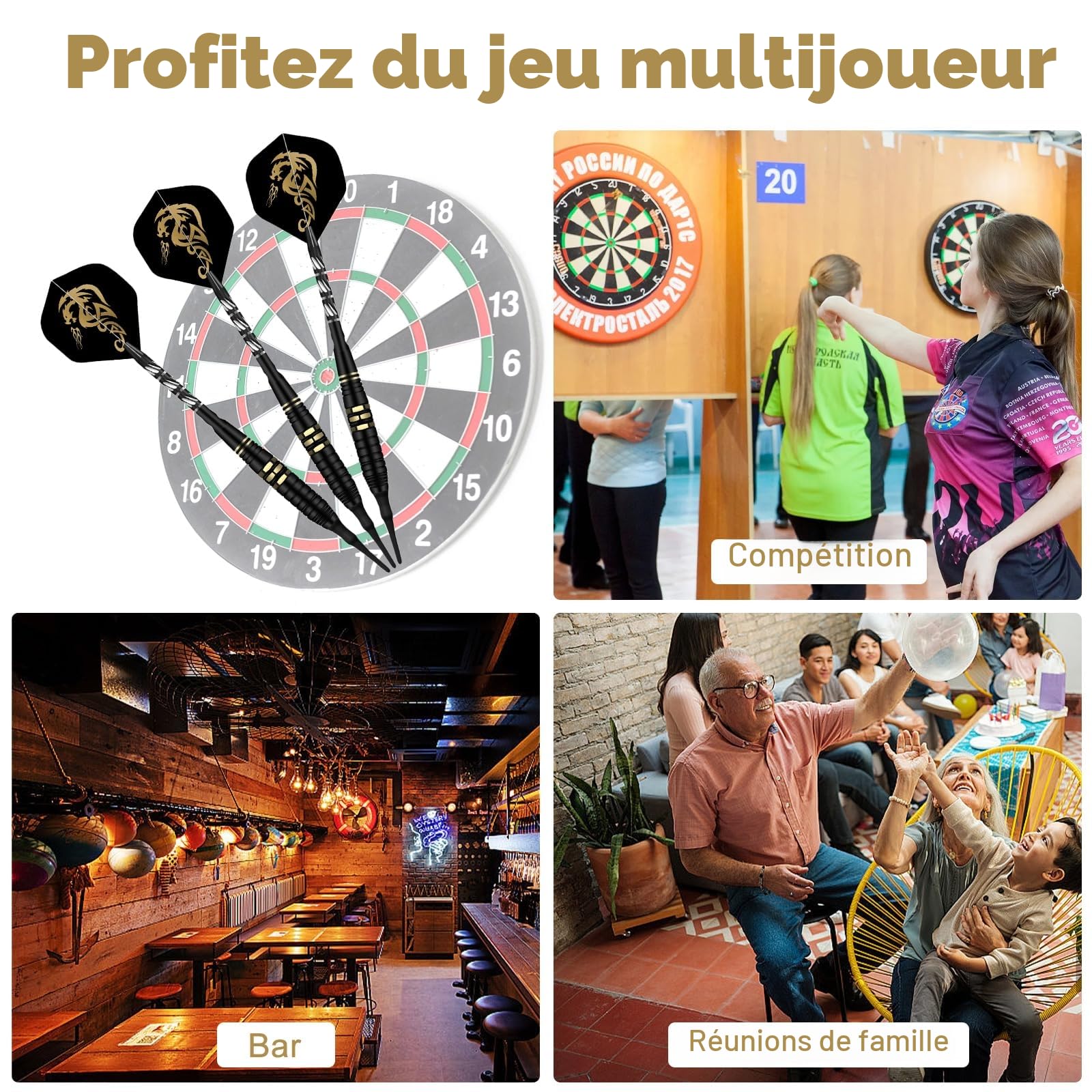 Fléchettes à Pointe en Plastique Lot de 3 avec 20 Pointes de Remplacement et Anneaux en Caoutchouc Anti-lâche
