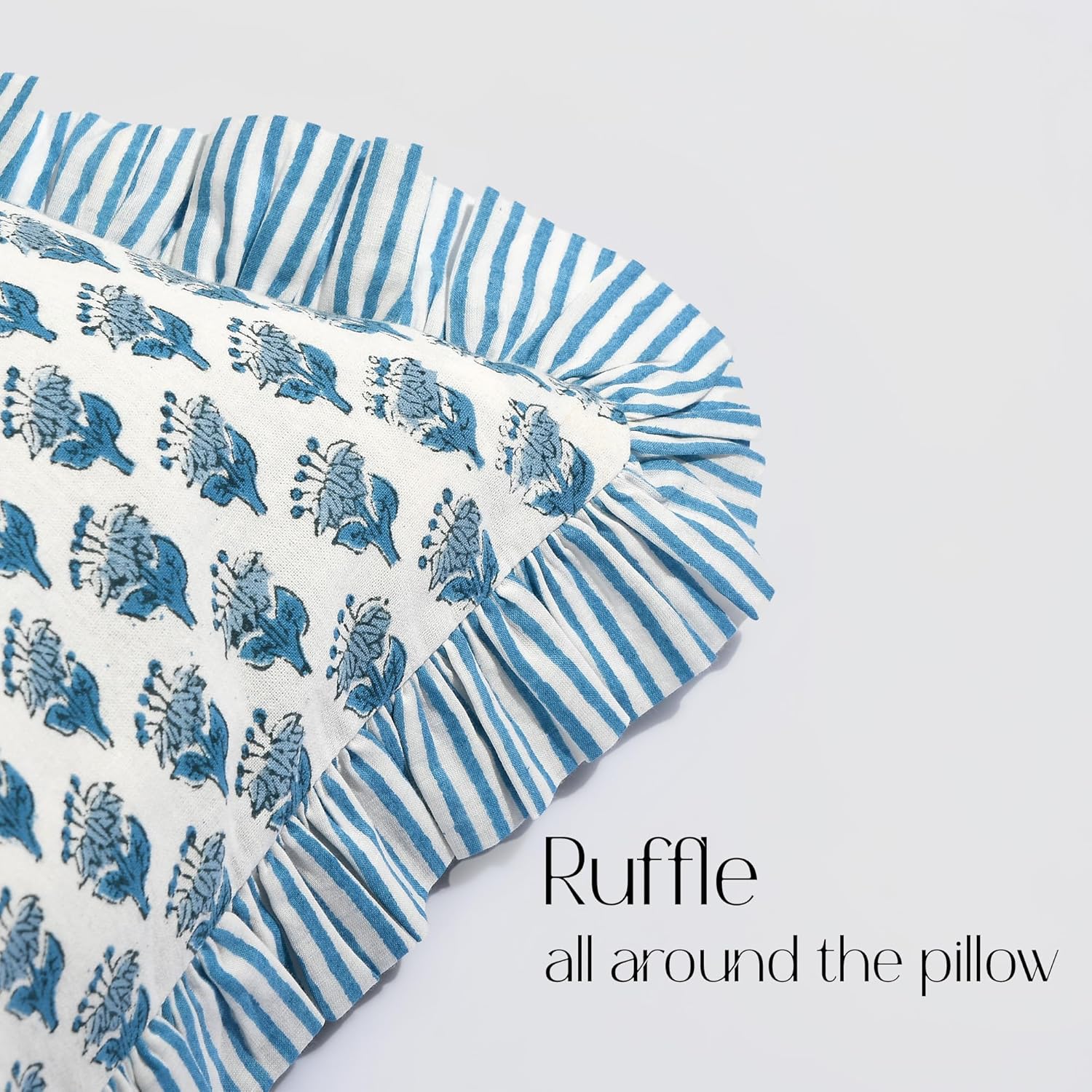 CPC Apatite Blue 100% Cotton Block Print Ruffle Sham Cover 14x36 inch, Handmade Boho Floral Pillowcase, Farmhouse Cottagecore Bedding, Soft Decorative Cushion Cover for Bedroom Décor - Image 5