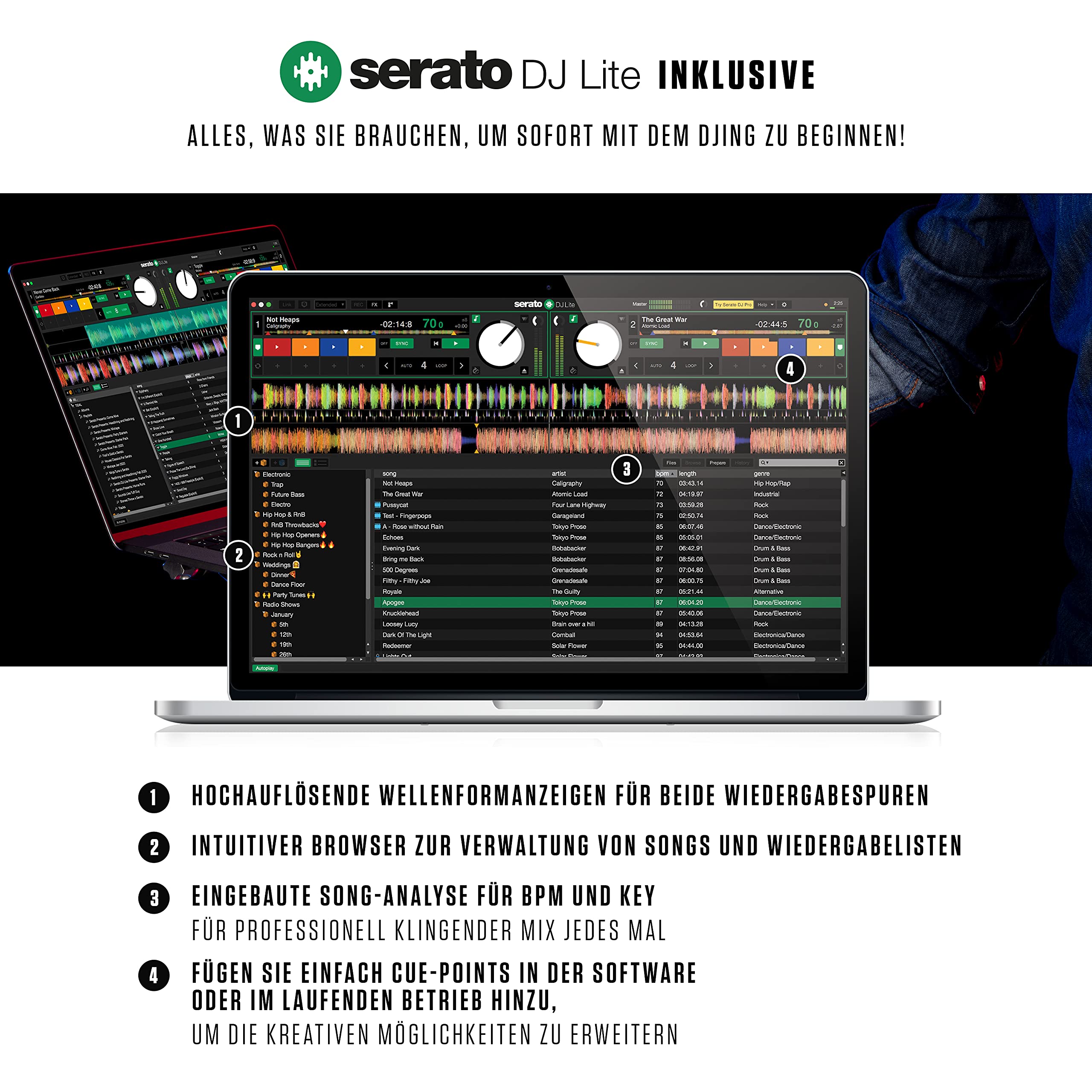 Numark Mixtrack Platinum FX + SoundSwitch Micro DMX Schnittstelle – DJ-Controller für Serato DJ mit 4-Deck Kontrolle + USB-zu-DMX-Interface mit 3 Monaten freiem SoundSwitch-Software-Zugriff