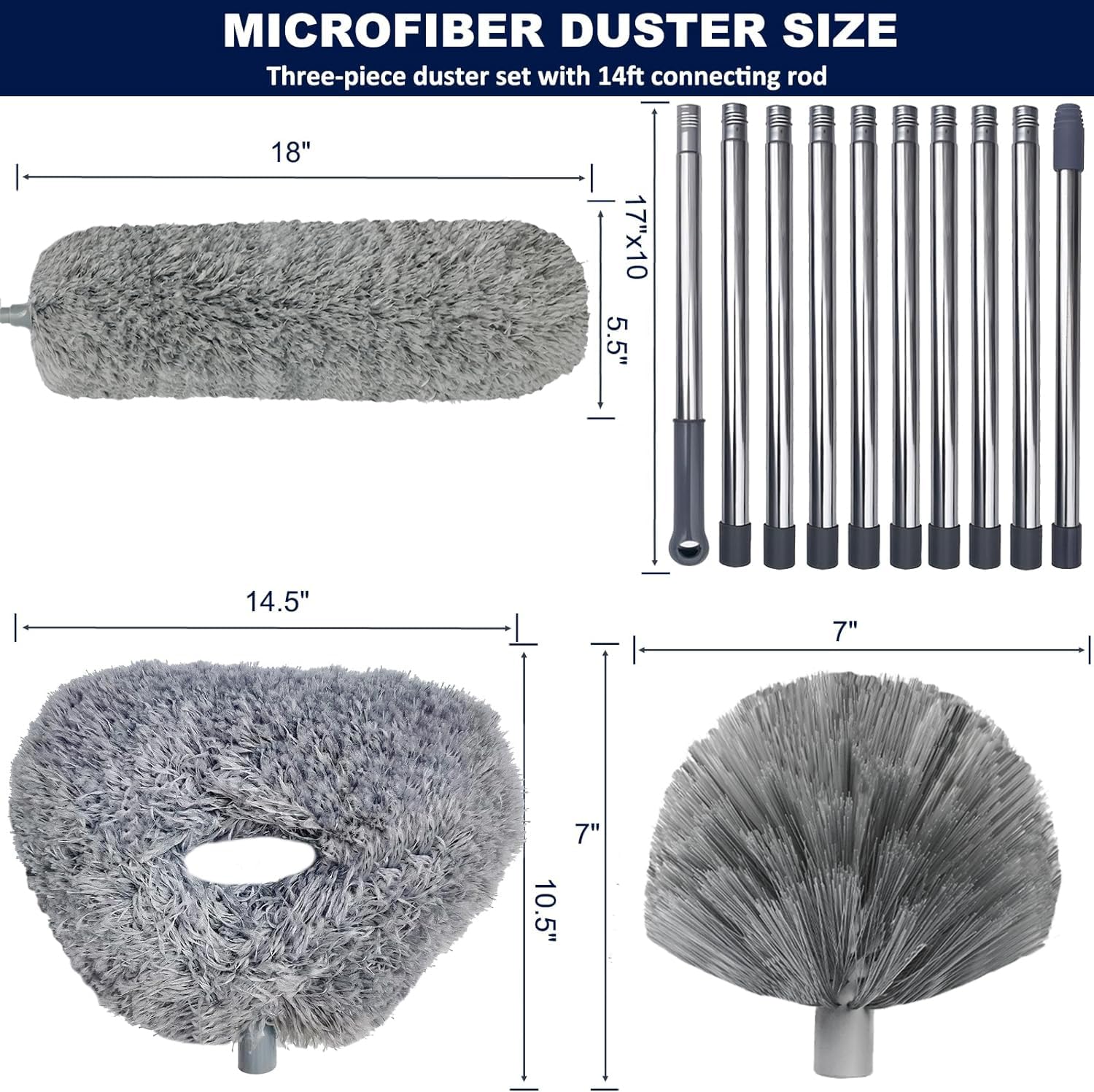 Tonmp Kit de Plumero Gris de más de 20 pies de Alto Alcance con Poste de extensión de 3 a 14 pies para Limpiar Ventiladores, telaraña, Techo Alto, persianas, Muebles, Plumero de Microfibra para