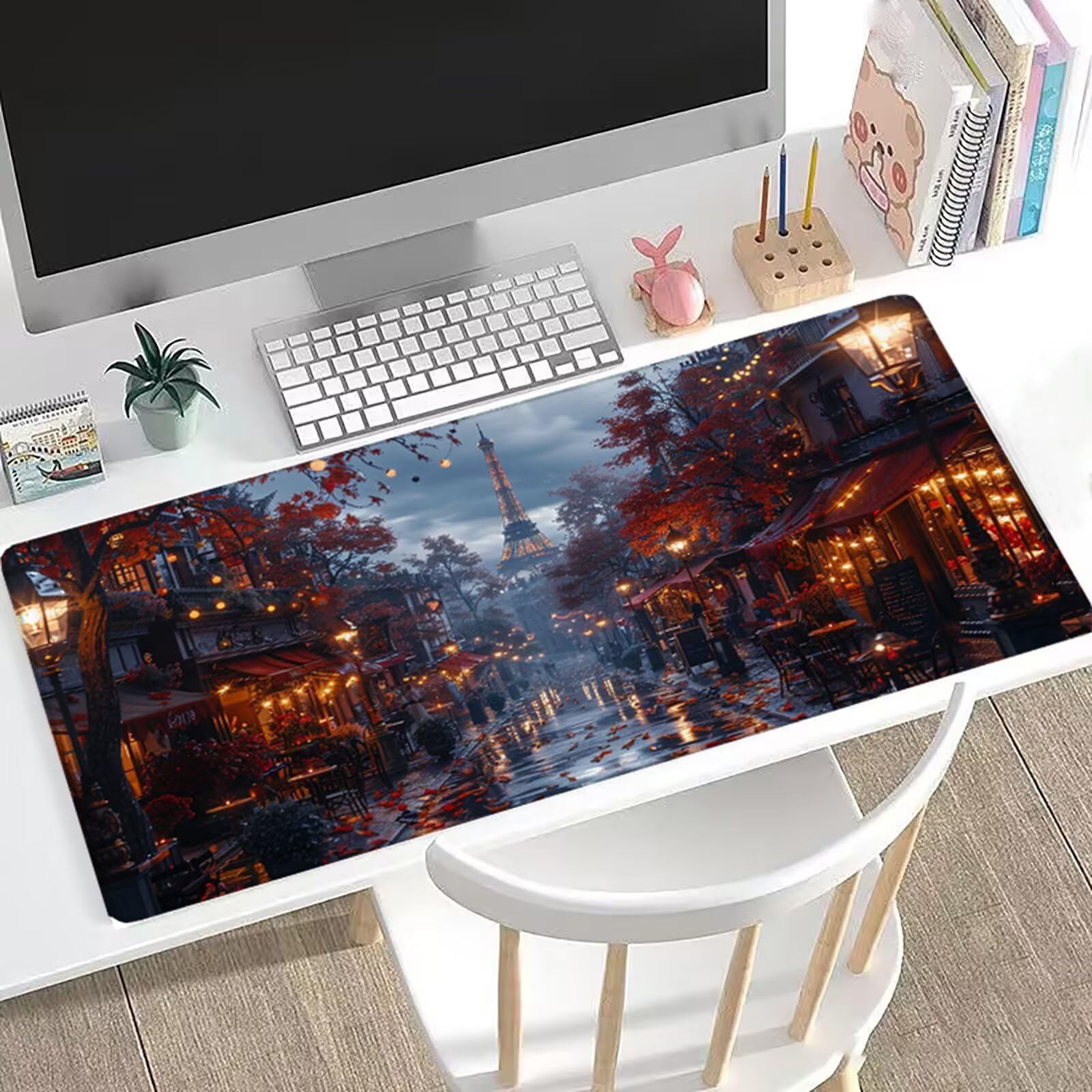 Gamingowa podkładka pod mysz z motywem miasta XXL, 120 x 60 cm, podkładka pod mysz Paryż, zoptymalizowana precyzja i prędkość, z gumowaną antypoślizgową podstawą, mata na biurko dla graczy, klawiatura