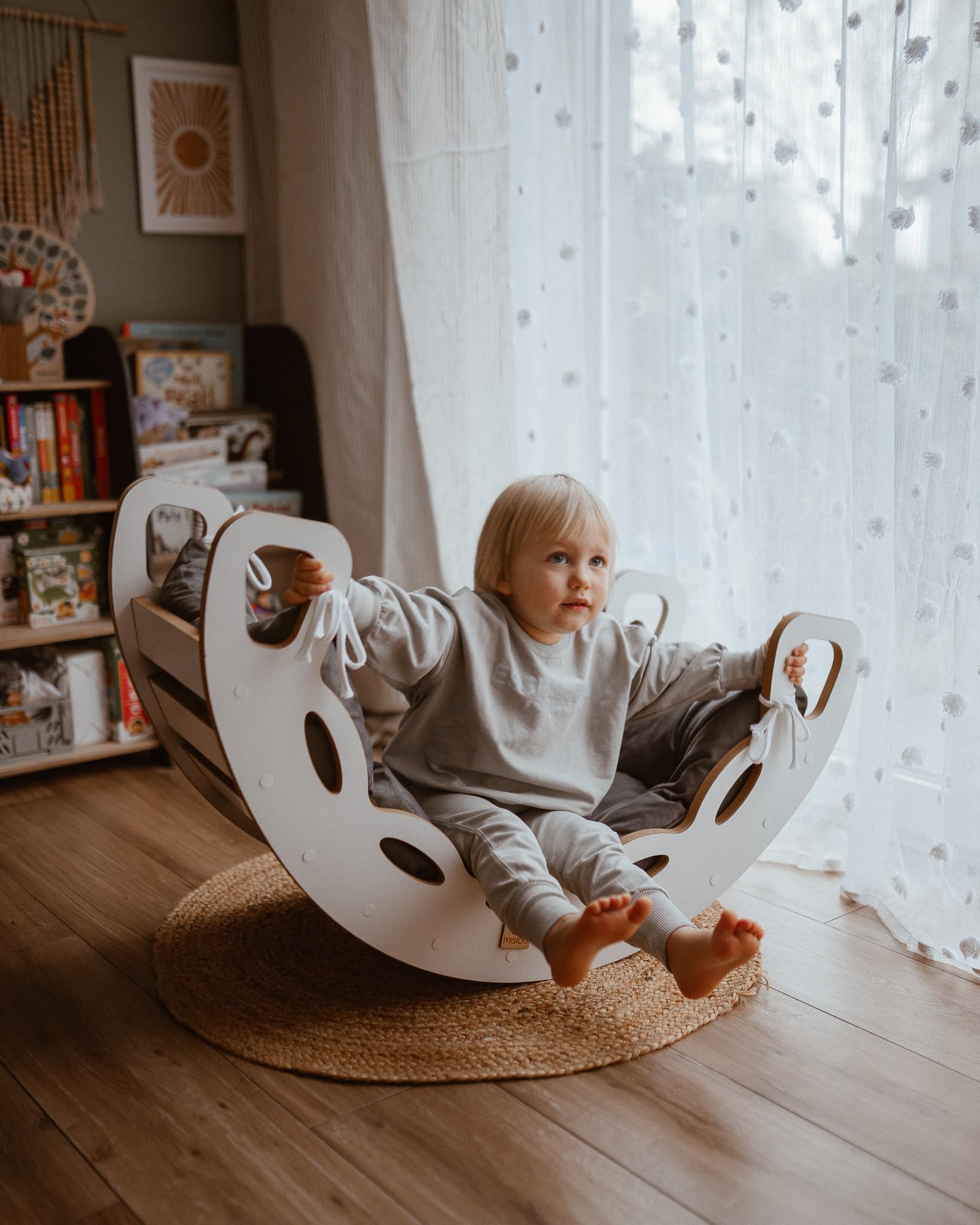 MISIOO Rocker 4 in 1 - Altalena per bambini, parco giochi per interni, con cuscino, arrampicata su roccia e scivolo 90 x 35 cm, bilanciere 90 x 41 x 50 cm, fino a 40 kg