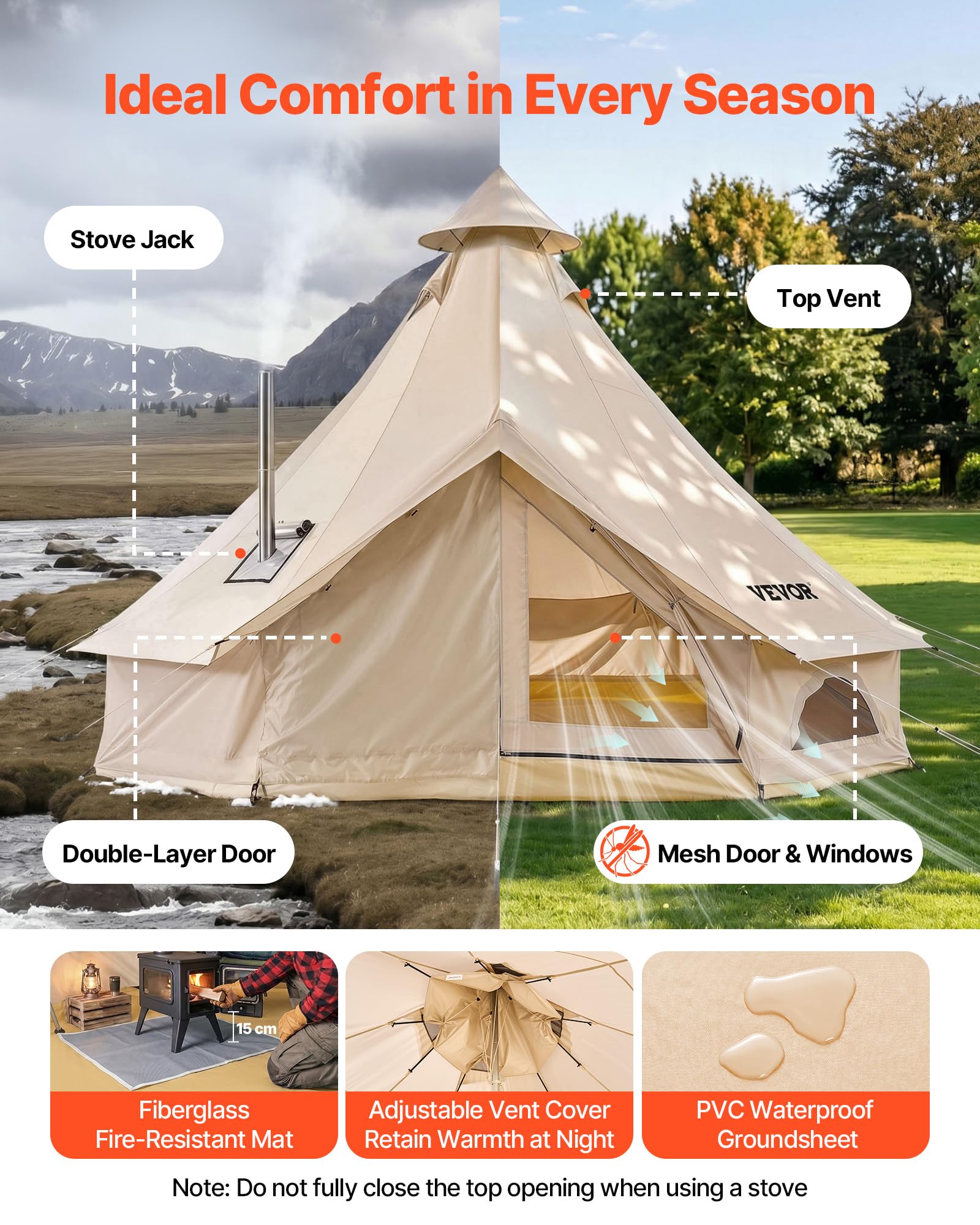 VEVOR Oxford Glockenzelt, 5 m Jurte, 4 Jahreszeiten, mit Ofenrohrdurchführung, bis zu 7 Personen, mit Abnehmbarem Boden (Reißverschluss), Ideal für Familien-Camping & Outdoor-Aktivitäten, Beige