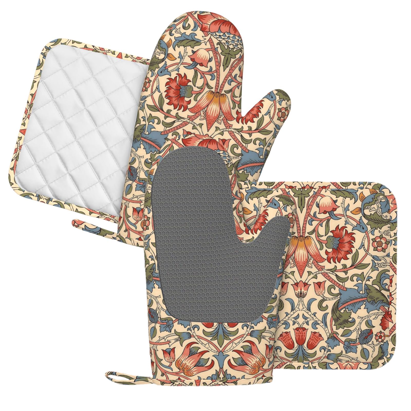 Lot de 4 maniques et maniques rustiques beiges, bleues et roses, style rétro, exotiques, ethniques, résistantes à la chaleur, motif floral lotus pour cuisine, pâtisserie, barbecue, barbecue