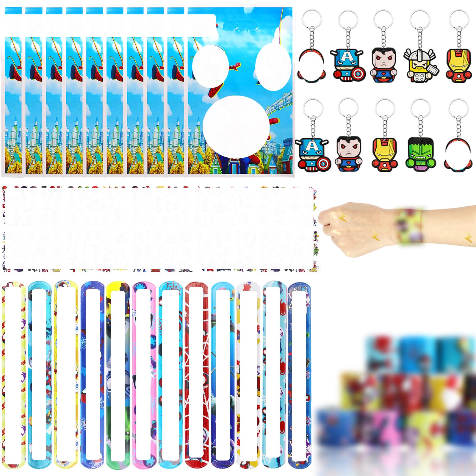 Spider Friends Party Bag Fillers for Kids Boys Girls, 42 Pcs Spiderhero Assorted Toys Pinata Filler with Slap Bands Stickers Keychains Gift Bags Lucky Dip Prize Party Favours for Birthday Gift