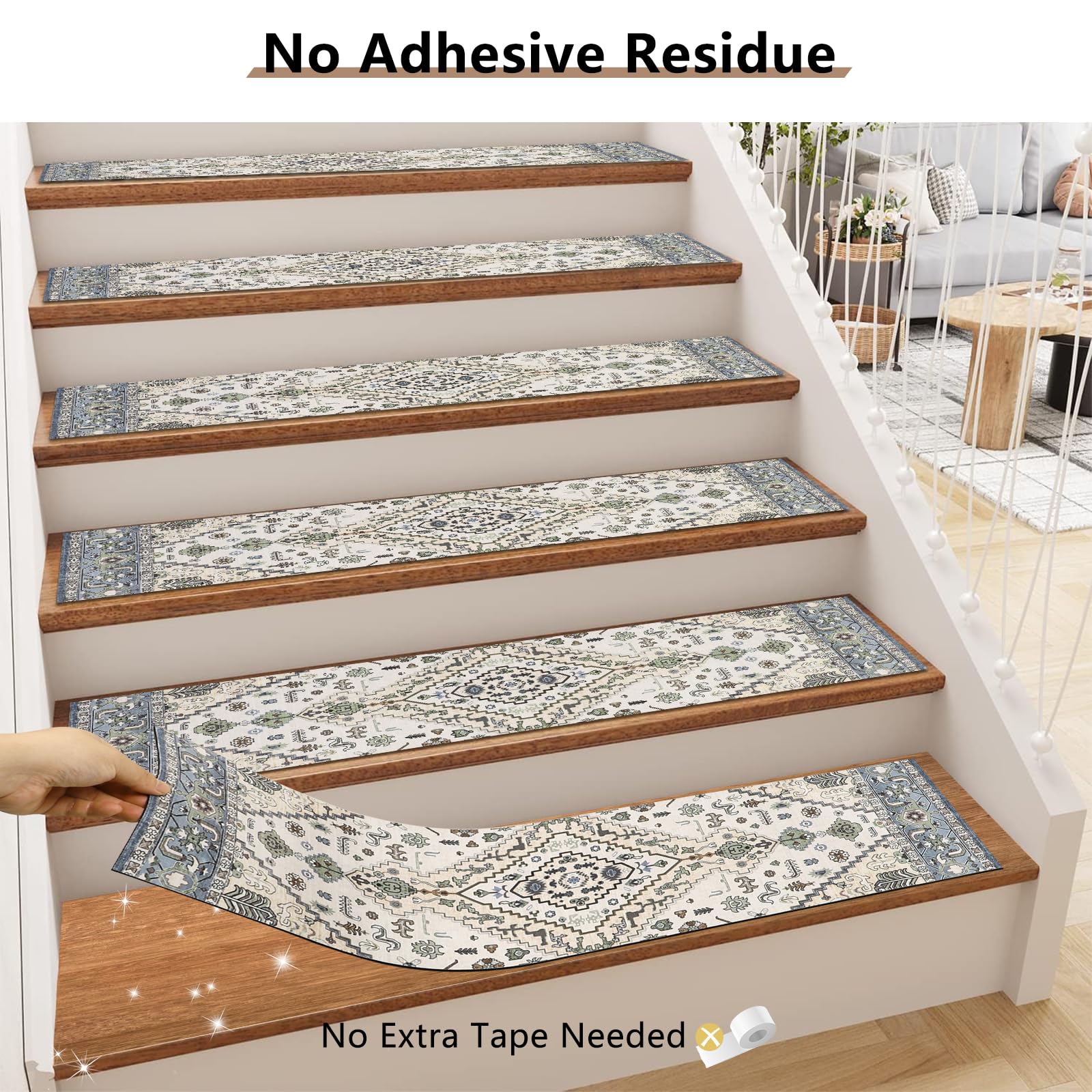 Homcomodar 15PCS Alfombras de Escalera 76x20cm Beige Verde Peldaños de Mader Antideslizante Alfombra de Goma para Escaleras Peldaños Autoadhesivos para Niños Ancianos y Mascotas