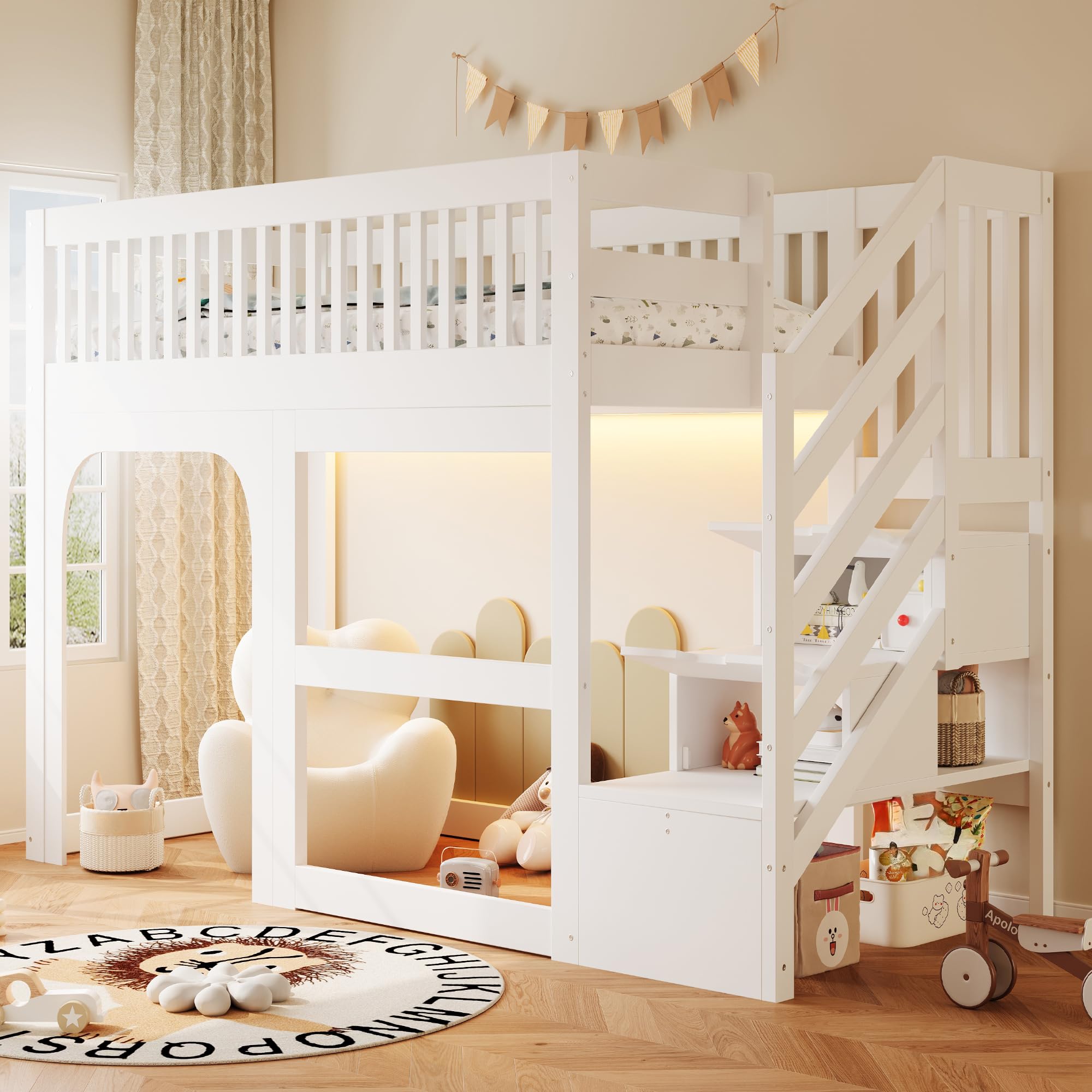 Cama Alta 90x200 con Somier de Lamas Cama Canapé Estructura de Madera Estructura Individual con Escalera con Barandilla de Seguridad con Diseño de Puerta y Ventana Estudio Blanca