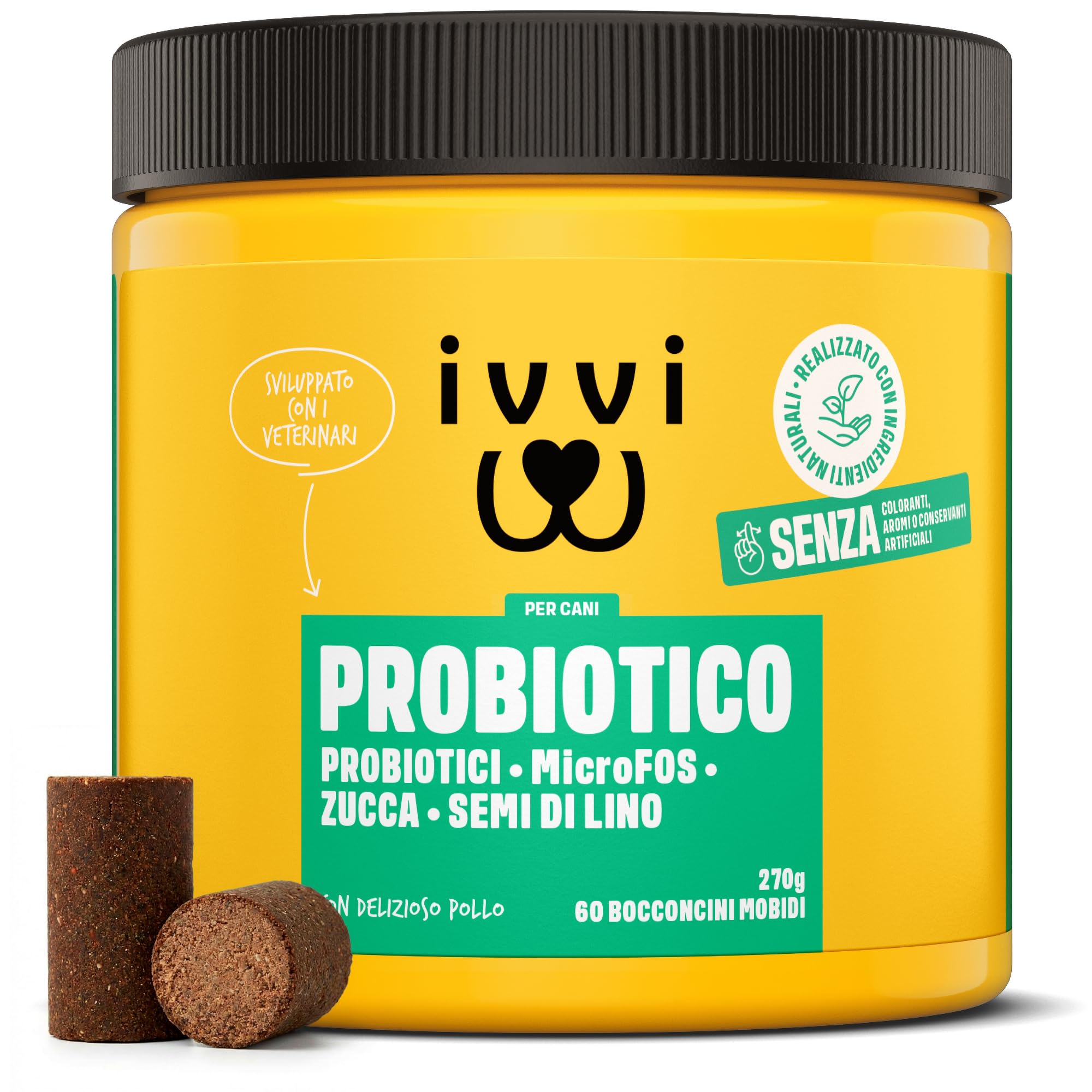 ivvi PROBIOTIC per cani in forma di bocconcino - per la formazione della flora intestinale, per il miglioramento della digestione e del sistema immunitario - 60 gustosi snack con pollo