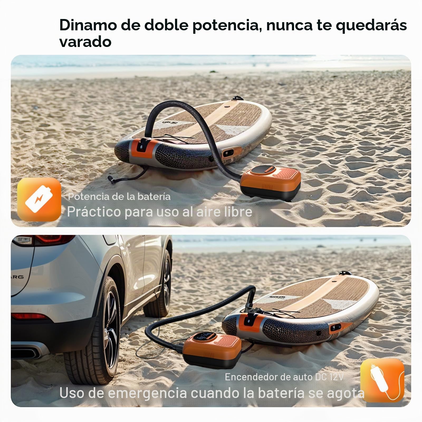 Bomba Eléctrica 20 PSI para Sup - Bomba Inteligente Recargable con Conector 12V, Inflado/Desinflado con Parada Automática - para Paddle, Kayak, Carpas, Colchonetas de Aire, Juguetes de Piscina