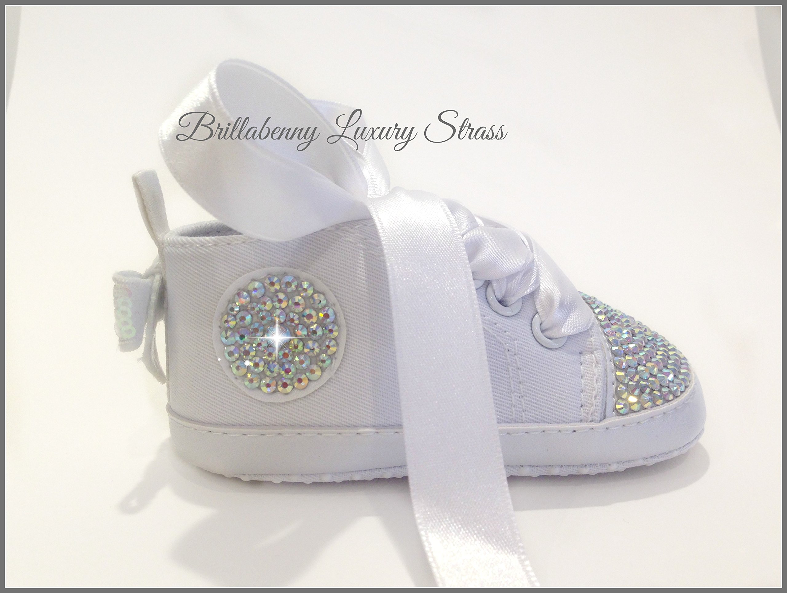 Scarpe Bambina 3-6 Mesi Bianche con Cristalli Strass, Sneakers Battesimo Bimba Neonato Taglia 18/19 (11cm) Bebè Luxury