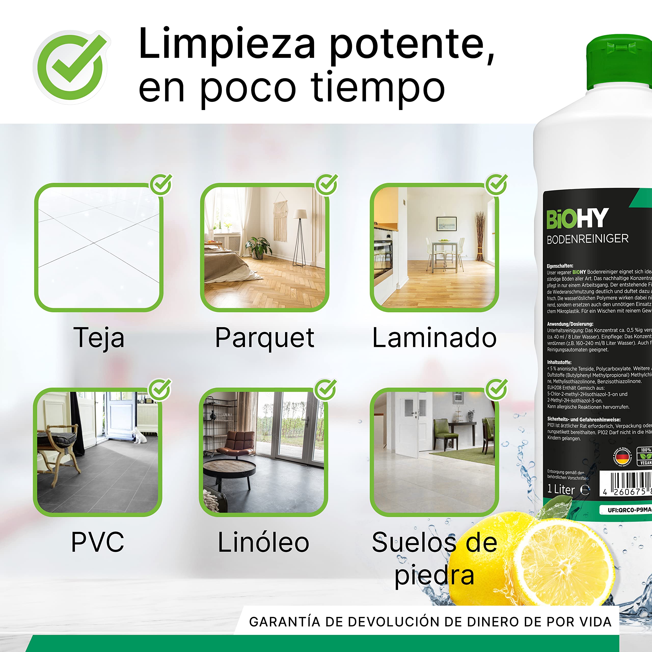 BiOHY Limpiador de suelo (9 botellas de 1 litro) | Concentrado para todos los aparatos de limpieza y todos los suelos duros (Bodenreiniger)